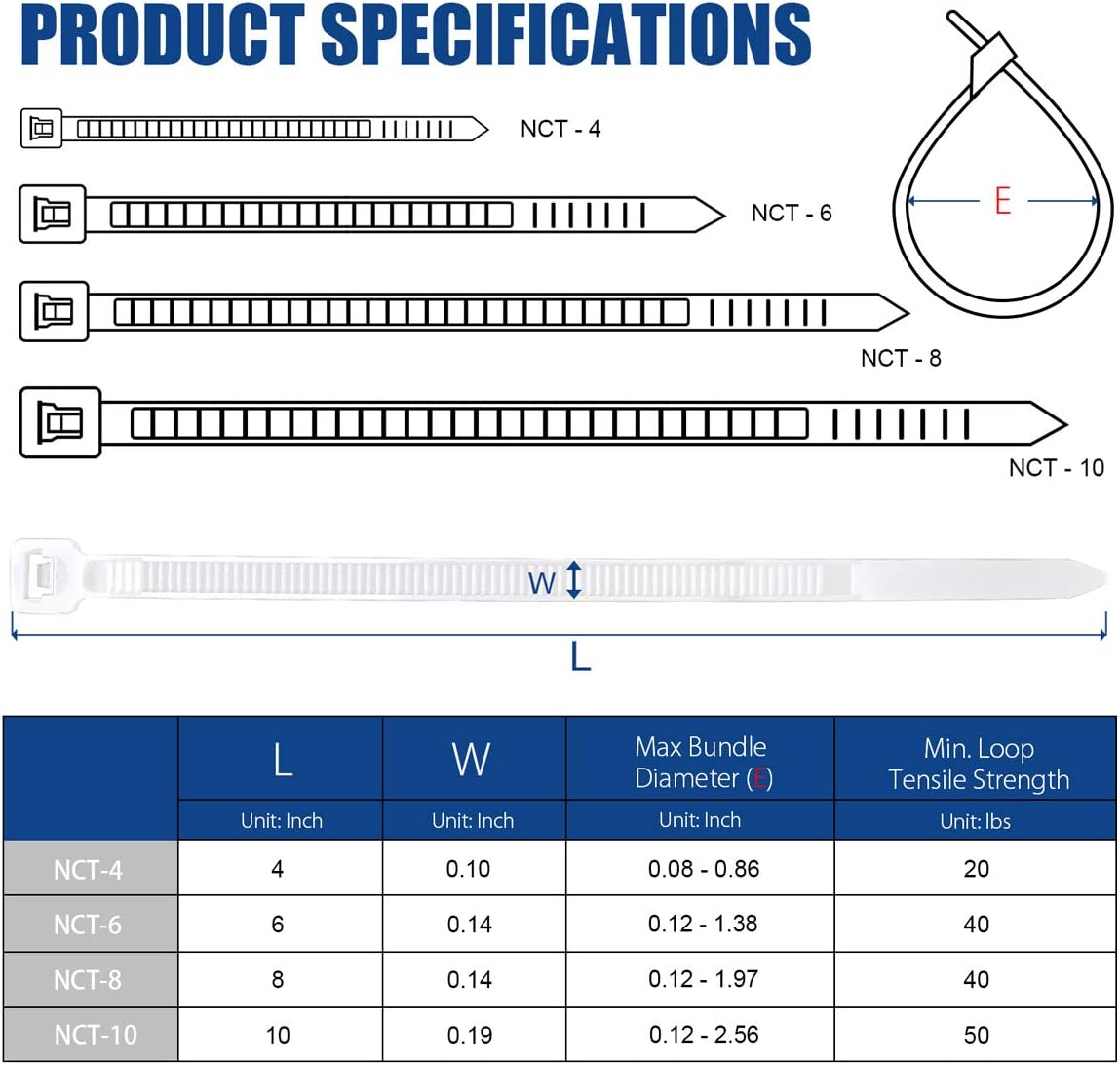 ケーブルジップタイ 10インチ 200個 工業用ナイロンジップタイ 高耐久 セルフロック式 ワイヤータイラップ 50ポンドの引張強度