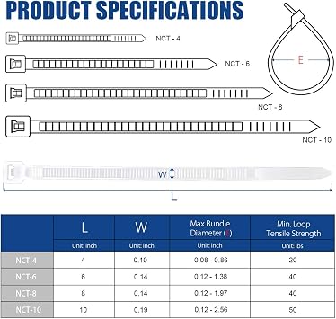UL Listed Heavy Duty Cable Zip Ties 6 Inch, 500Pcs Industrial Nylon Durable Self-locking Wire Tie Wraps with 40 lbs Tensile Strength, Heat Resistant - White