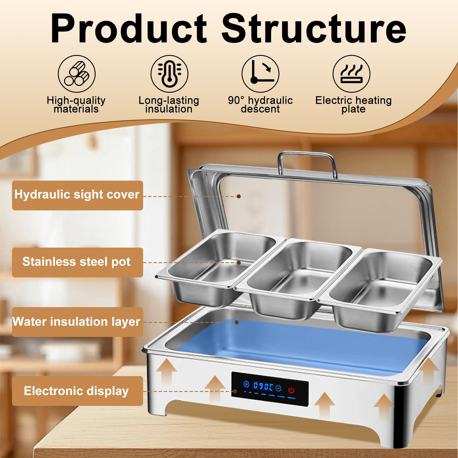 9L Chafing Dish Buffet, Scaldavivande Elettrico Professionale (1/3) | Scaldavivande Elettrico Buffet, Scalda Cibo per Buffet, Ristoranti, Hotel, Feste, Temperatura regolabile da 30-90 °C