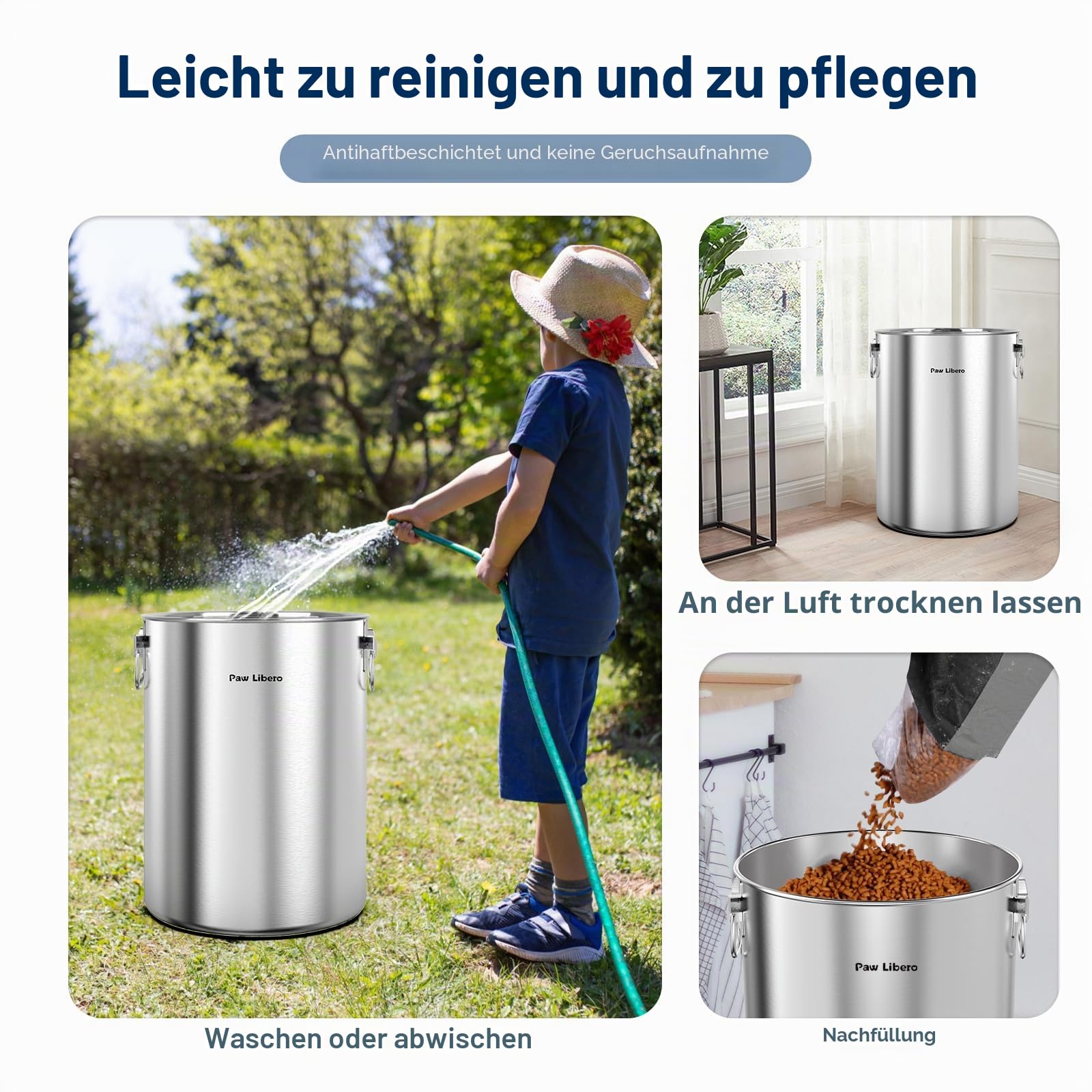 Paw Libero 25 lbs Edelstahl-Hundefutterbehälter mit luftdichtem Deckel und Keramikgriff in Knochenform, großer Metallbehälter für Hunde- und Katzenfutter, hält frisch, leicht zu reinigen