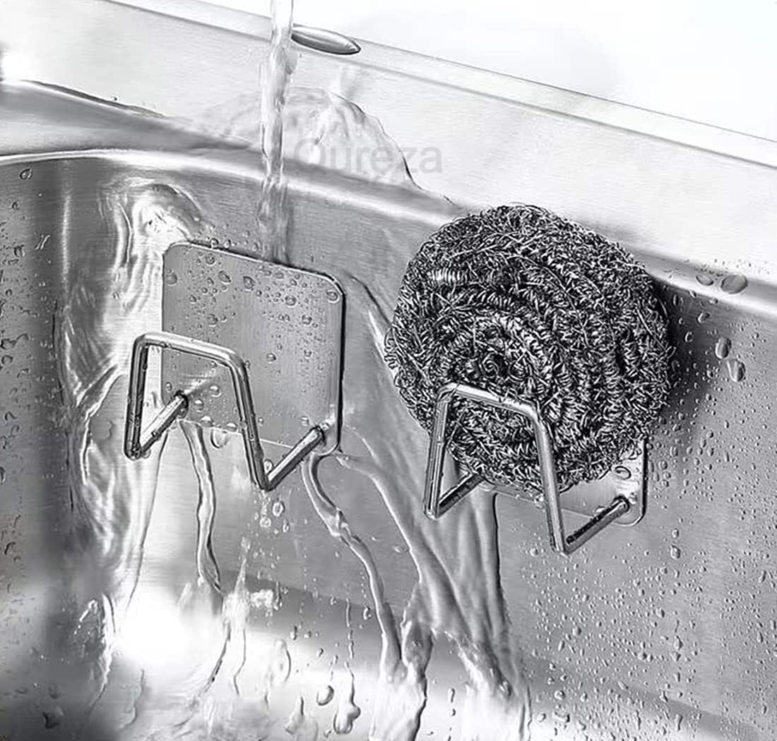 Qureza Adhesive Sink Sponge Holder for Kitchen,Stainless Steel Scrubber and Brush Hanger Caddy Accessories Storage Rack Stand,Waterproof Caddy Organizer Kitchen Accessories (Pack of 4) 3