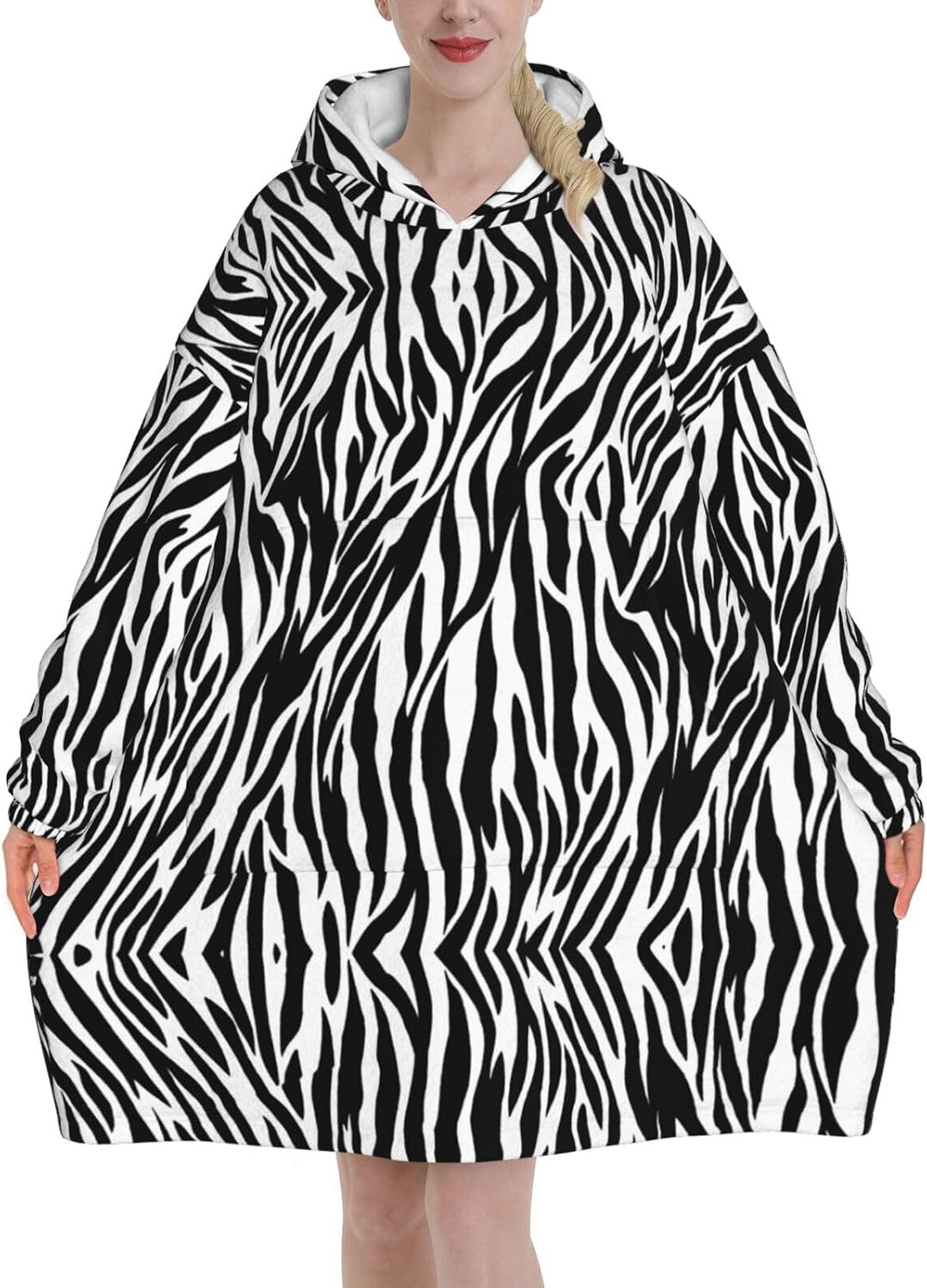 MUSM Zebra Print Print Blanket Hoodie Fleece Sweatshirt Blanket With Sleeves And Pockets