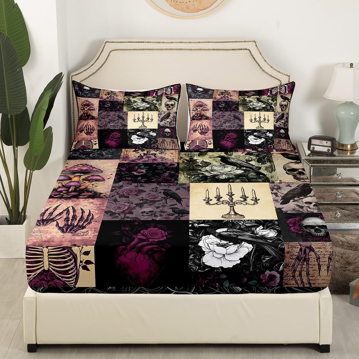 Gothic Crow Fitted Sheet Full Size,Sugar Skull Bedding Set for Kids Girls Boys Teens Room Decor,Purple Rose Flower Mushroom Bed Sheet Vintage Black Patchwork Plaid Deep Pocket Sheet 3Pcs