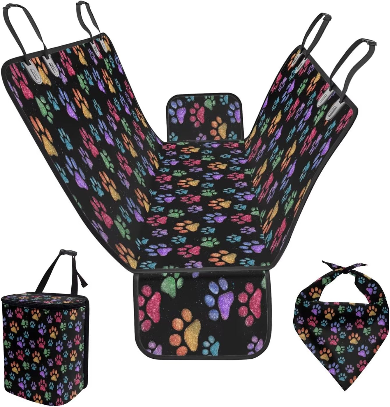 Pensura Dog Car Seat Cover for Back Seat Set of 3, with Adjustable Colorful Dog Paws Print Pet Bandanas Triangle Scarf Bibs, Detachable Hanging Car Trash Bag, Easy to Install & Clean