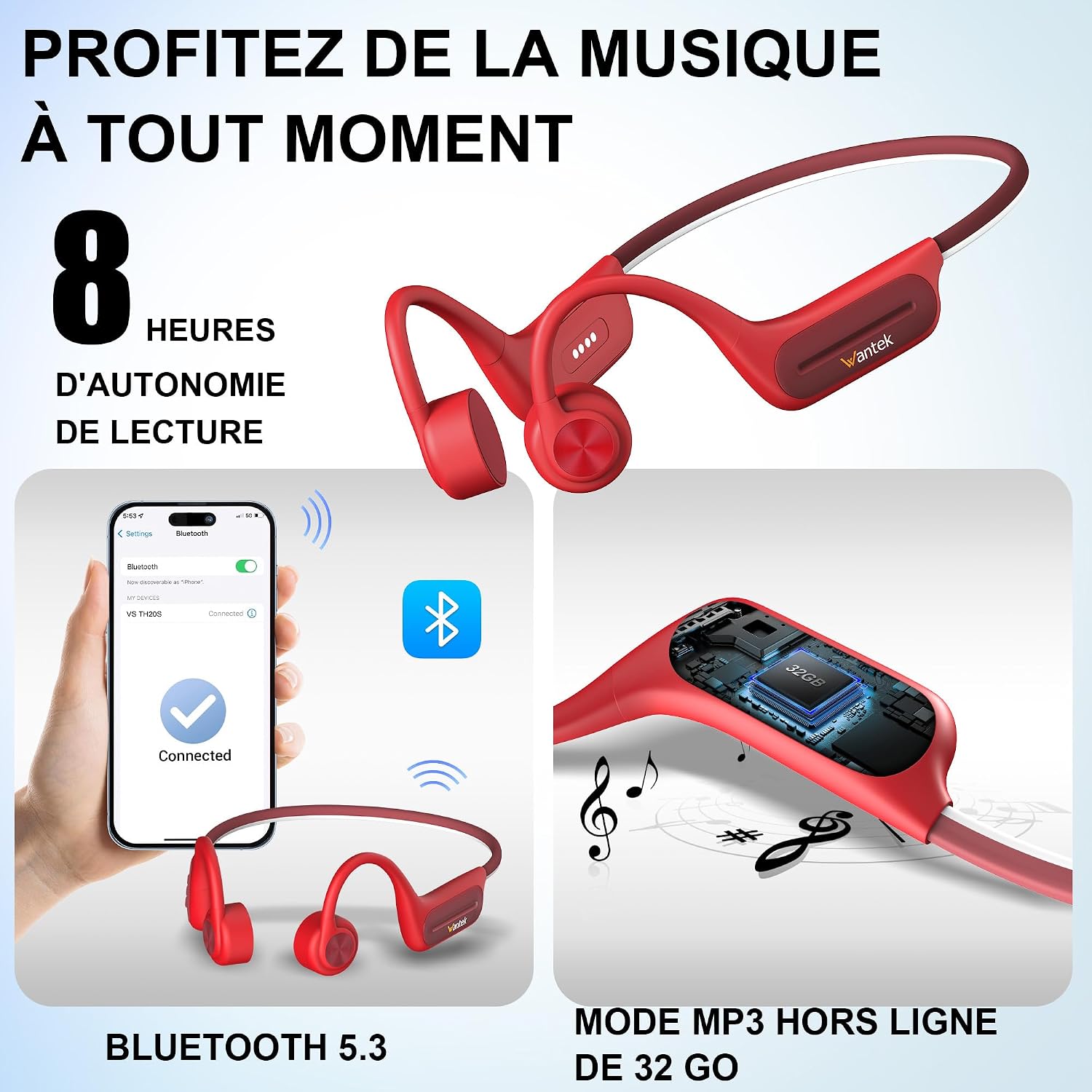 Wantek BC3 Pro features: 8 hours battery, Bluetooth 5.3, 32GB MP3 mode