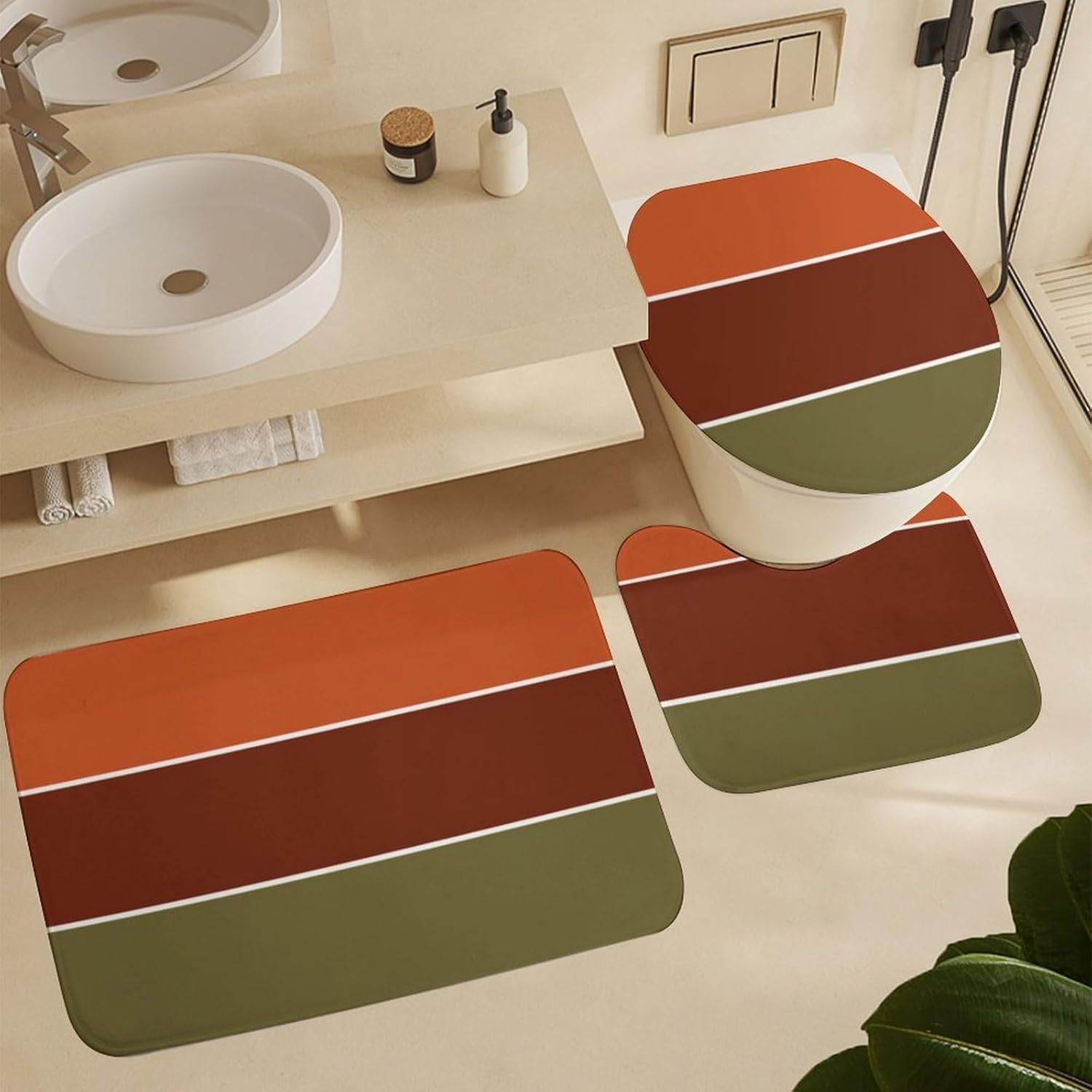 Bathroom Rugs Set 3 Piece Burnt Orange Stripes Bath Rug Mat Set, Non Slip Absorbent Bathroom Decor Mat, Toilet Lid Cover & U Shaped Contour Rug
