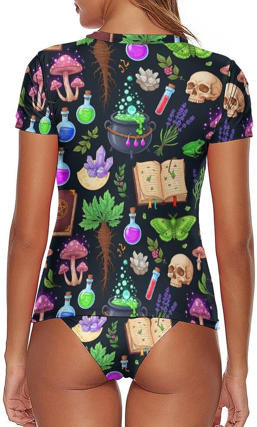 Women's Two Piece Rash Guard Short Sleeve Swim Shirt Built in Bra Bathing Suit with Bottoms
