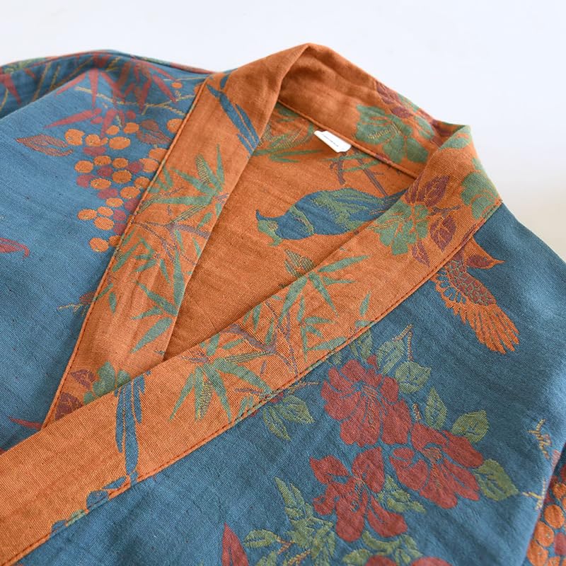 Cotton Double Gauze Traditional Hanfu Midi-length Nightdress Printing Tie-belt Bathrobe Loose Pajamas Comfortable Nightgown Sweat Steaming Yukata Sauna Suit Sleepwear Kimono for Women Large(Blue Bird)2