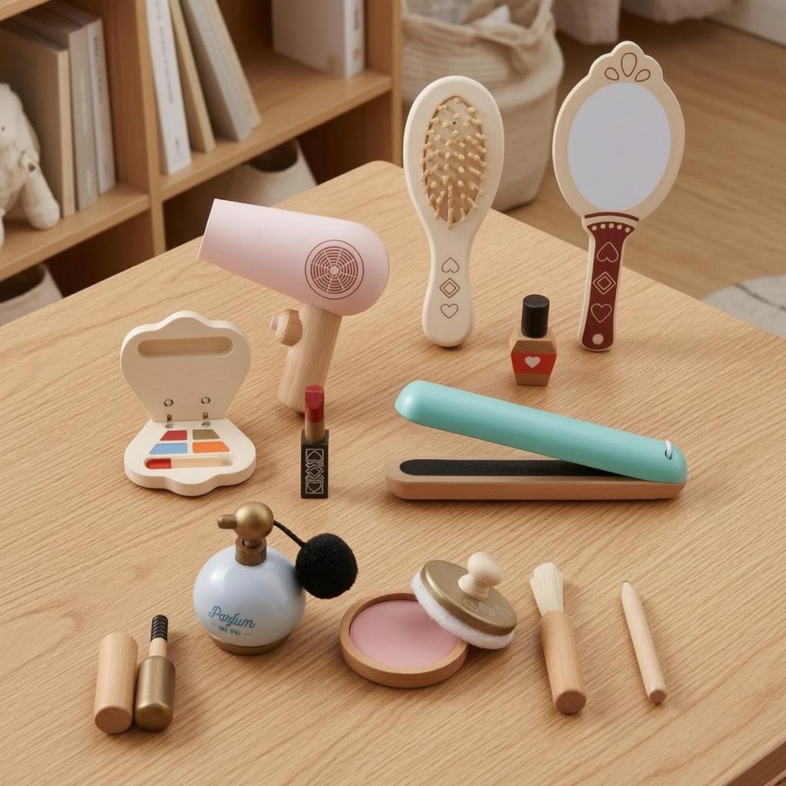 Giocattolo in Tessuto Set Trucco Bambini Kit Cosmetici Finti Phon Specchio Spazzola Pettine Rossetto Materiale in Legno Adatto per Gioco di Ruolo