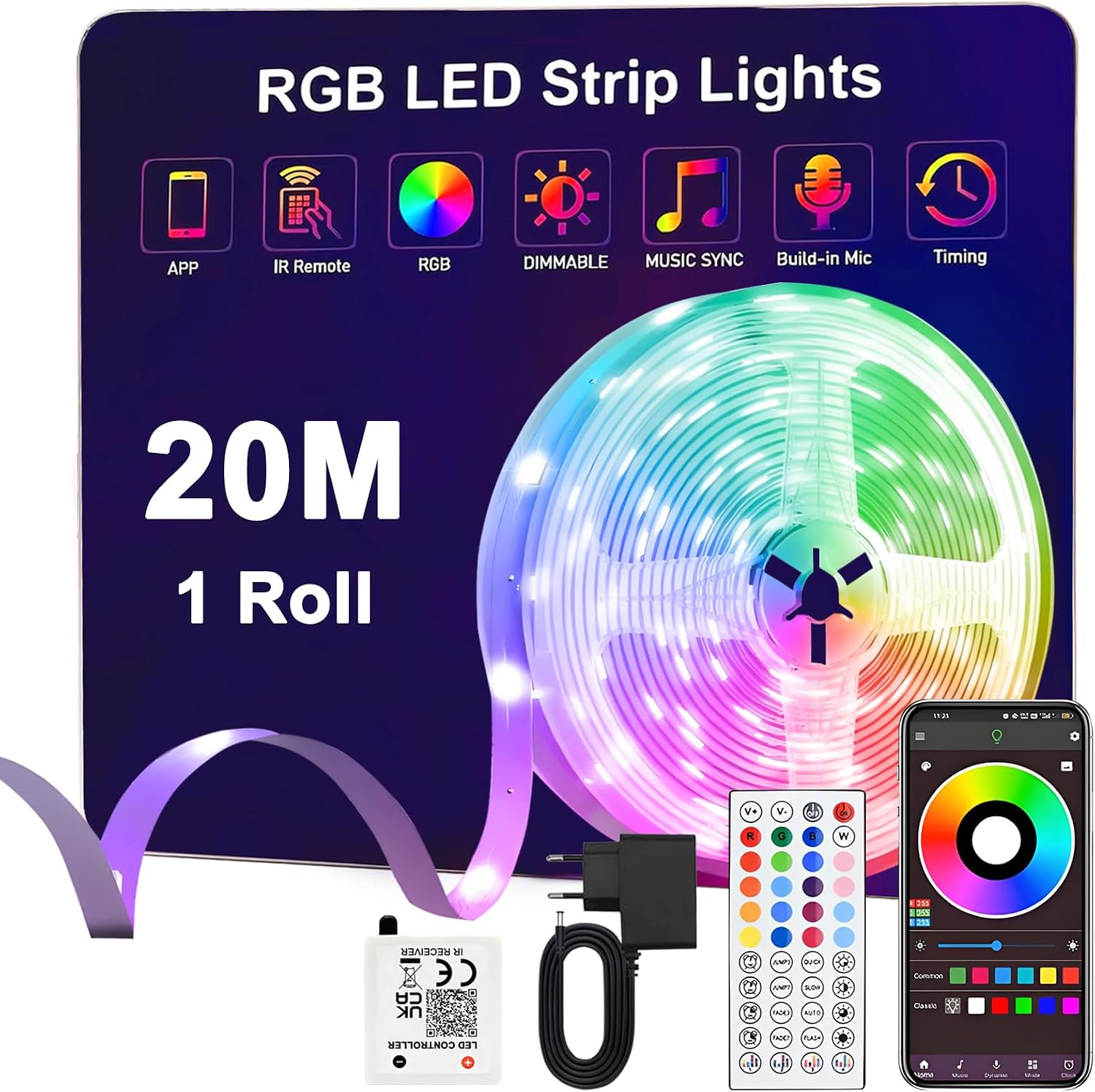 LED-remsa 20 m,RGB 24V Bluetooth Led-remsa med Fjärrkontroll och App,Synkroniserar med Mus