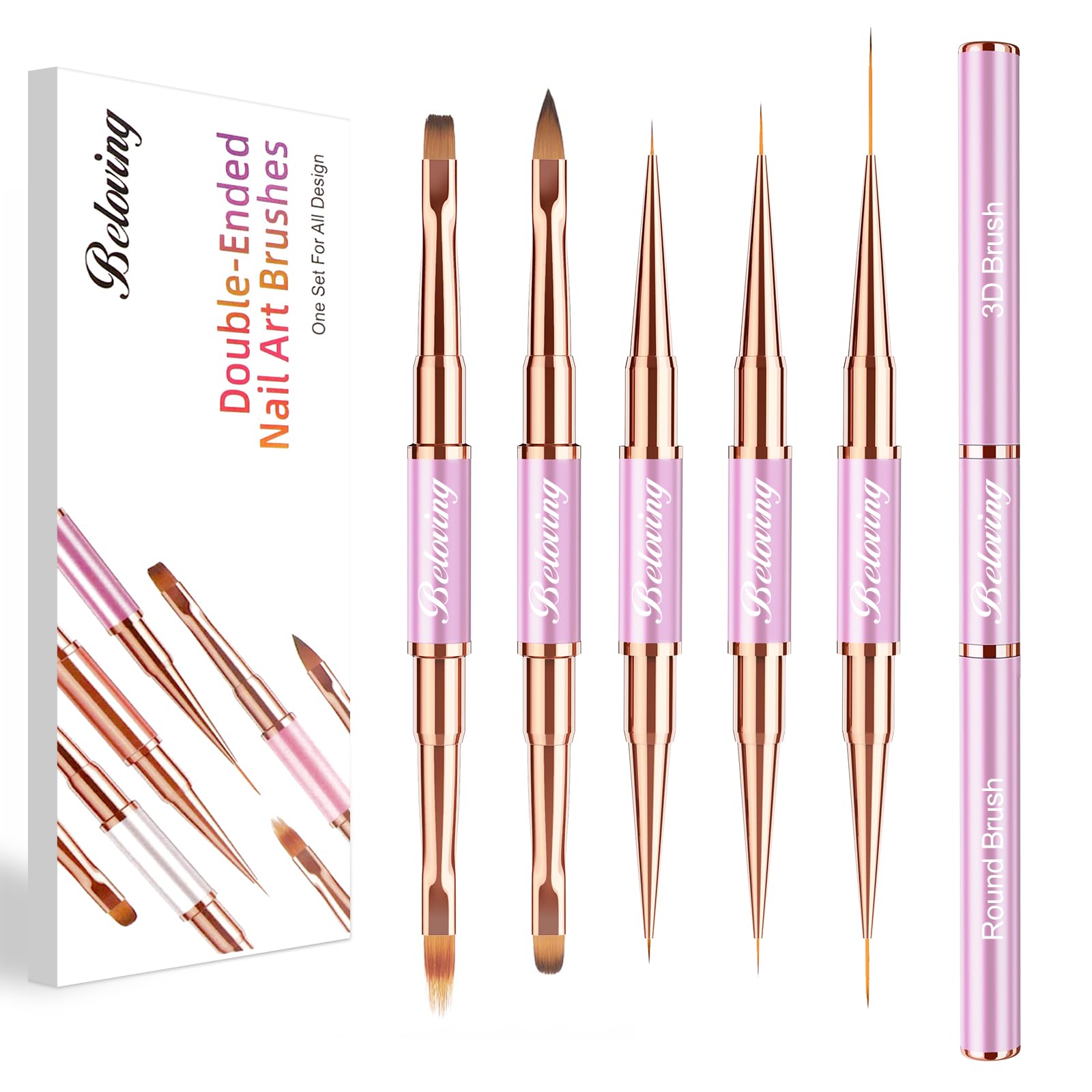 5 Pennelli Unghie Gel, Set Pennelli Per Nail Art e Disegni Unghie, Doppia Faccia Pennello Per Gel Unghie Ricostruzione, Smalto UV, Ombré, Pennelli Liner Con Coperture Protettive, Viola