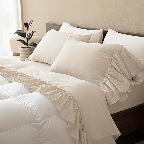 Miniatura 8 de QSH Juego de sábanas 100 % algodón tamaño Queen, con volantes, textura de lino con textura, estilo de granja, estilo desgastado, vintage, elegante,