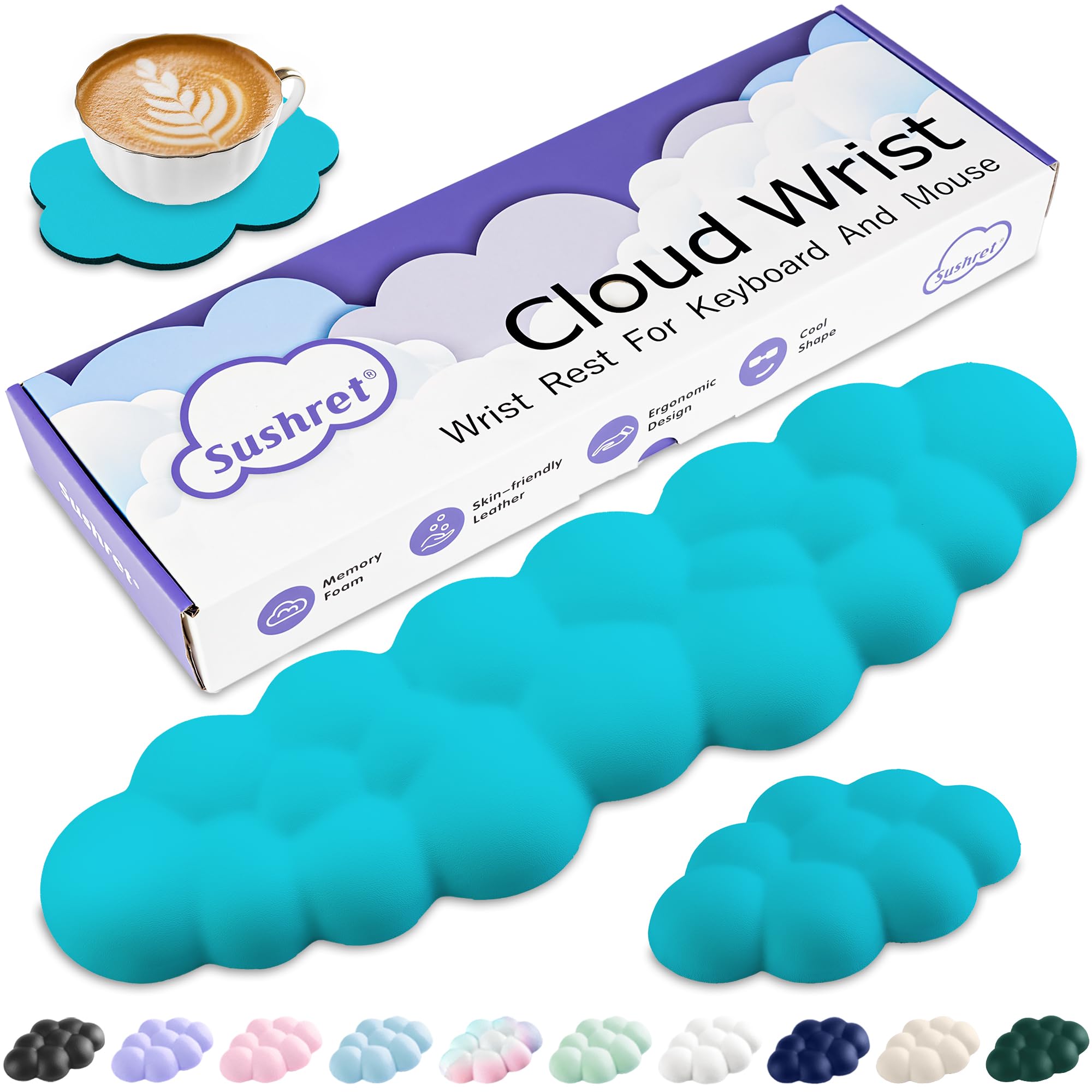 Sushret Cloud Wrist Rest Keyboard, Cloud Keyboard Wrist Pad Set with PU Leather Memory Foam, Cute Arm Rest for Palm Support, PC/Gaming Desk Accessories/Office Setup/Computer Hand Cushion- Scuba Blue