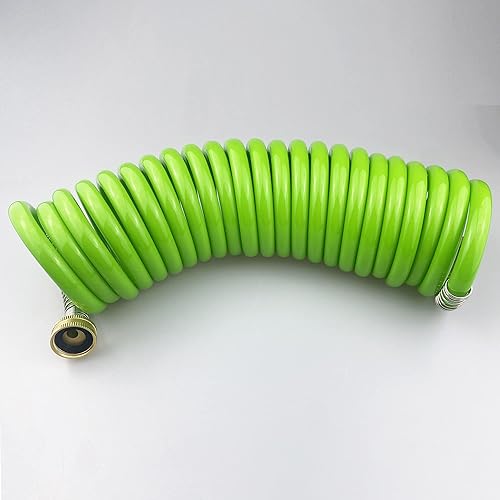 Miniatura 2 de Manguera de jardín, manguera de agua rizada de poliuretano verde de 20 pies con conectores de latón, bobina de manguera de riego, retráctil,