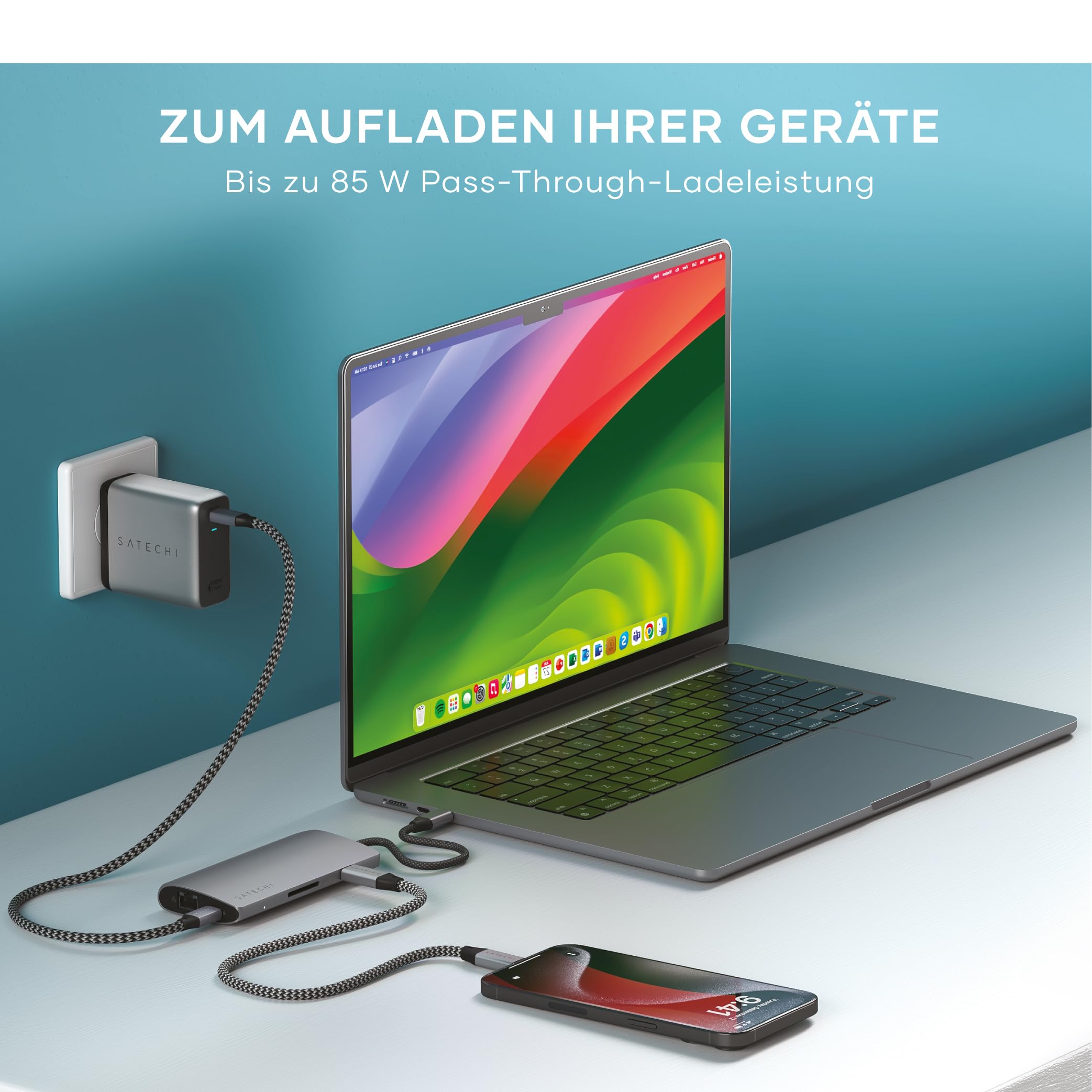 SATECHI 8-in-1 USB-C Hub, HDMI 8K@30 Hz, Space Grau | 85-W-PD, Ethernet, 4 USB-C Anschlüsse mit 10 Gbit/s und UHS-II-SD-Kartenleser