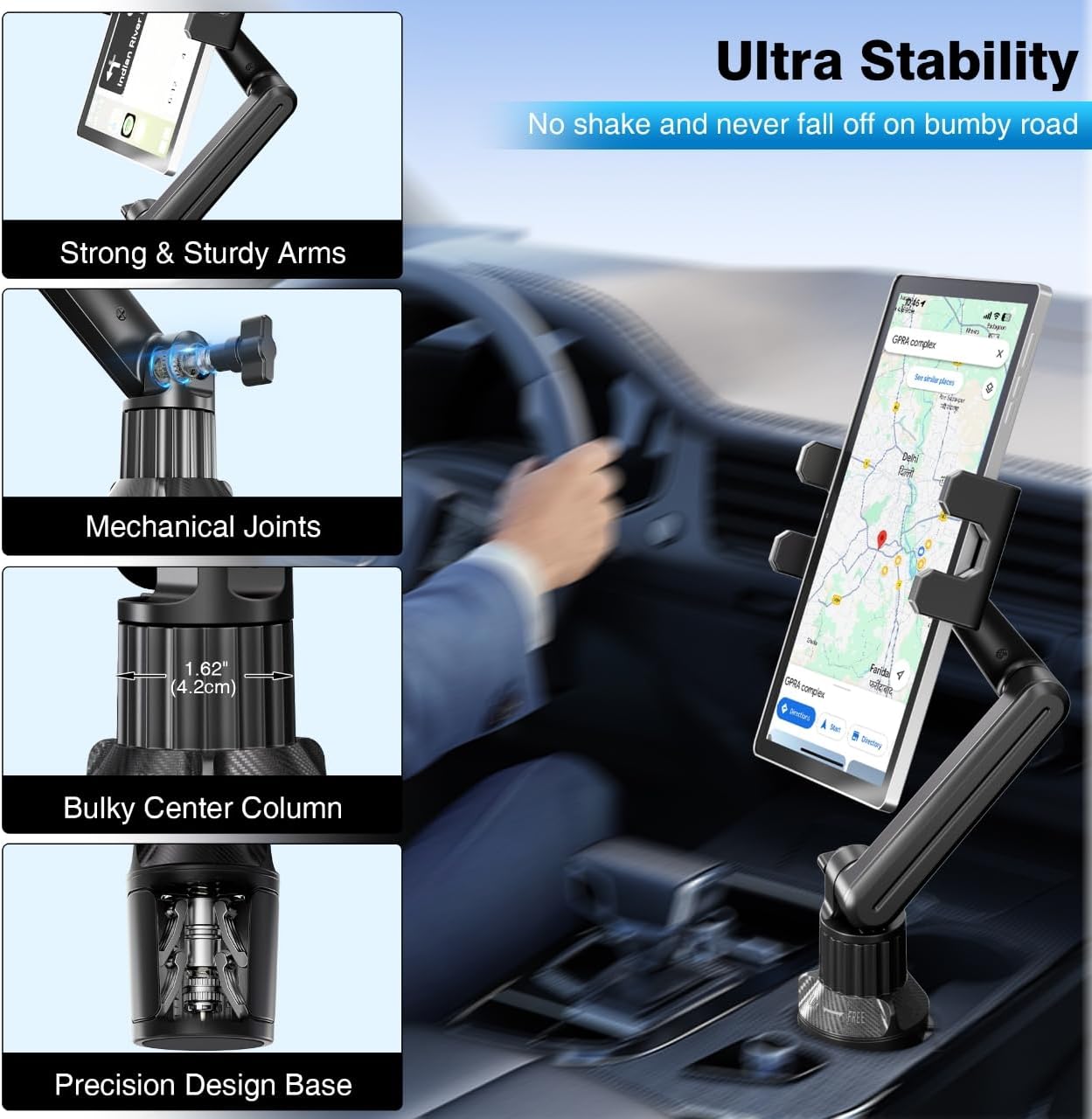 Cup Holder Car Tablet Mount for Truck, Ipad Cup Holder Car Mount with 15" Adjustable Arm Stand for Tablet iPhone 4.7-13in, iPad Pro Air Mini, Fire, iPhone 16 15, Galaxy S25 S24 Z Fold 6 5