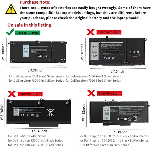 Miniatura 2 de 53WH Type H5CKD 15V Laptop Battery for Dell Inspiron 5300 5301 5401 5408 5501 5508, 7306 7506 2-in-1 Silver Series, Vostro 5300 5301 5401 5402