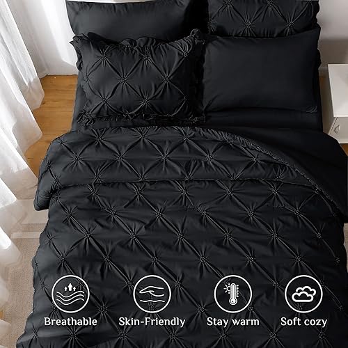 Miniatura 2 de JOLLYVOGUE Juego de edredón Queen de 7 piezas, juego de edredón negro en una bolsa para dormitorio, juegos de edredón de cama con edredón, sábanas,