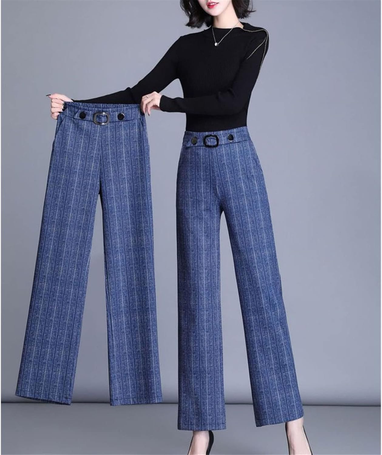 Kelsiop Stretch High-Waist Straight-Leg Trousers Office Workers Spring and Autumn Fashion Stitching Striped Trousers