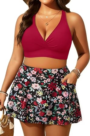 Womens Plus Size High Waisted Bikini with Skirt Two Piece Swimsuit Pockets | Tummy Control, Removable Cups,Cross Criss Adjustable Straps,With Bulit-in Brief,V Neck Design