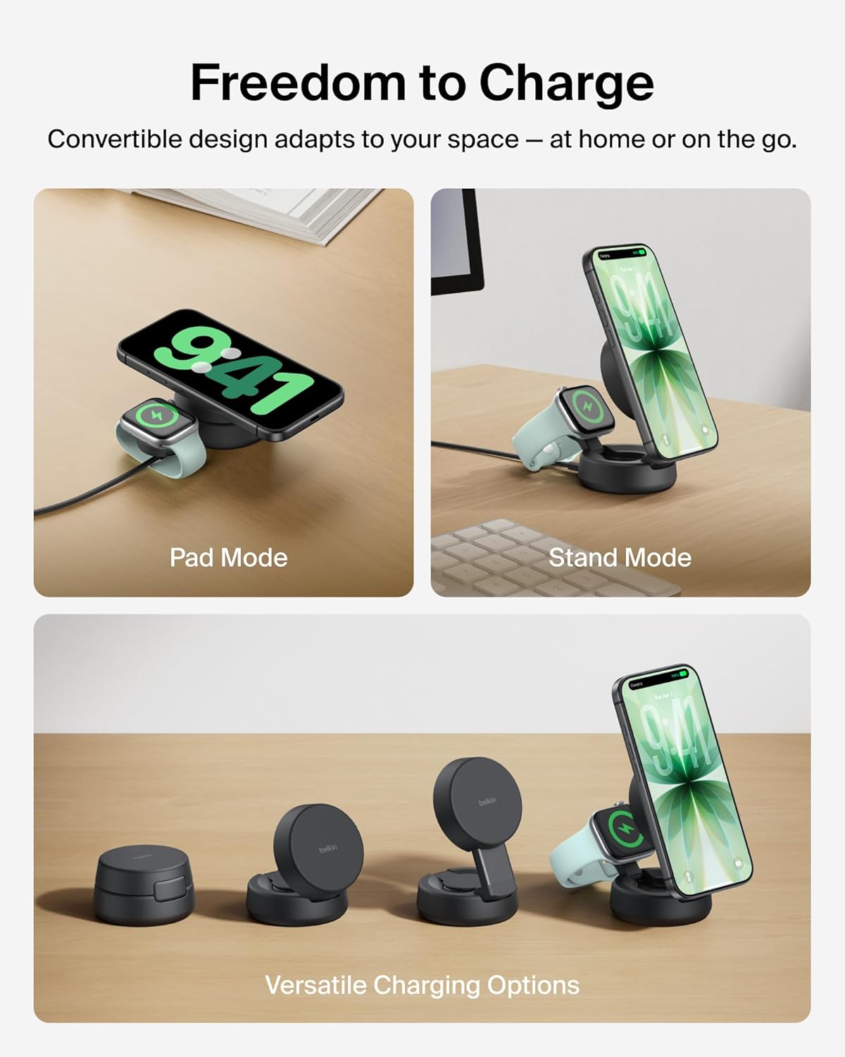 Belkin MagSafe Charger Compatible, 2-in-1 Wireless Charging Station, Qi2.2 25W Convertible Magnetic Charger for iPhone 17, Apple Watch Series 10, Google Pixel 10, and More (45W Adapter Included) - Image 9
