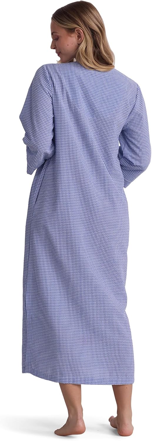 Miss Elaine Long Seersucker Women's Robe, Pockets and Zipper with Front Embroidered Trim, Sleepwear & Loungewear
