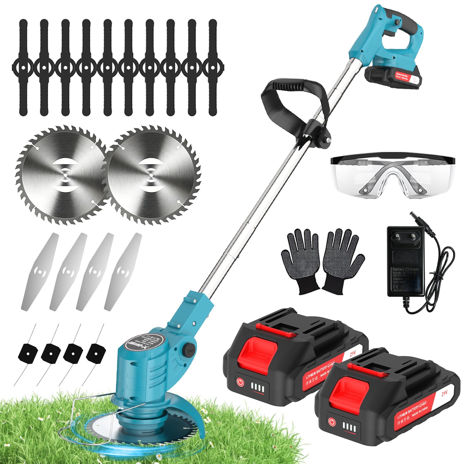 Decespugliatore a Batteria – Tagliaerba Elettrico con 2 Batteria e 4 Tipi di Lame, Testa Pivotante a 90°, Manico Regolabile, Taglia Erba da Giardino Elettrico per Rifinitura Prato, Giardino