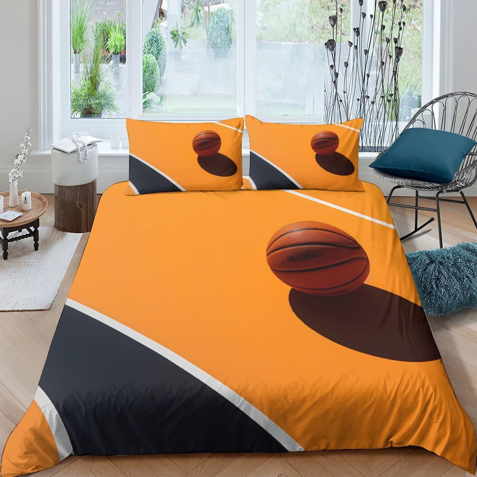 GPLZQXKJNH 3D Printed Basketball Court Duvet Cover Microfiber Orange Black Bedding Set with 2 Pillowcases for Bedroom Decor Single（135x200cm）