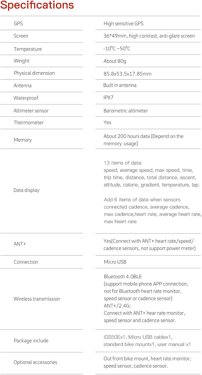 Table of specifications for the iGPSPORT GPS Bike Computer, detailing GPS, screen, temperature, weight, dimensions, antenna, waterproof rating, altimeter, thermometer, memory, data display, ANT+ compatibility, connection, wireless transmission, package contents, and optional accessories.