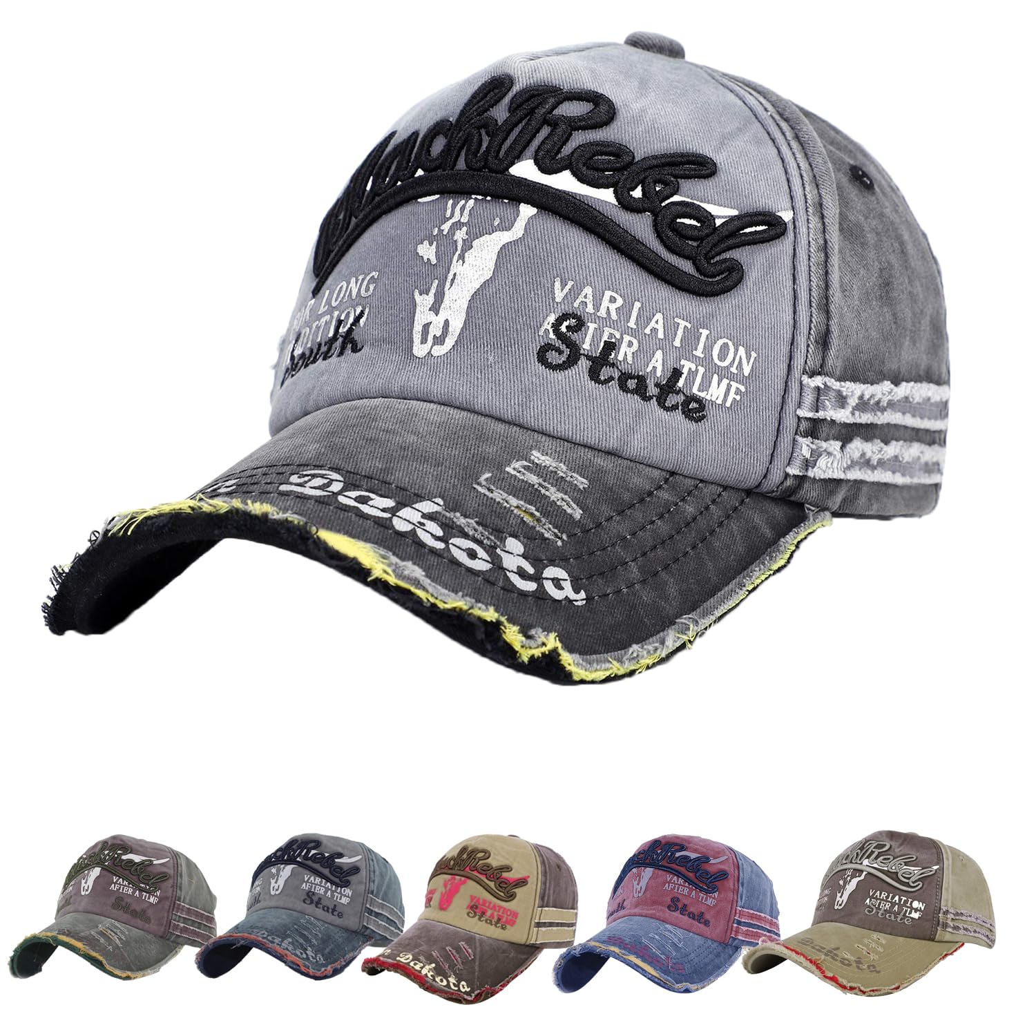 Itoda Black Vintage Baseball Cap Adjustable Peaked Cap Distressed Snapback Hat Edge Grinding Do Old Hat Breathable Cotton Washed Baseball