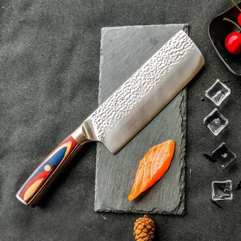 Meat Cleaver,Cleaver Knife 7 Inch Forged Hammer Pattern Nakiri Knife 1.4116 German Steel Pakkawood Handle Sharp Japanese Slicing Chef Kitchen Knife