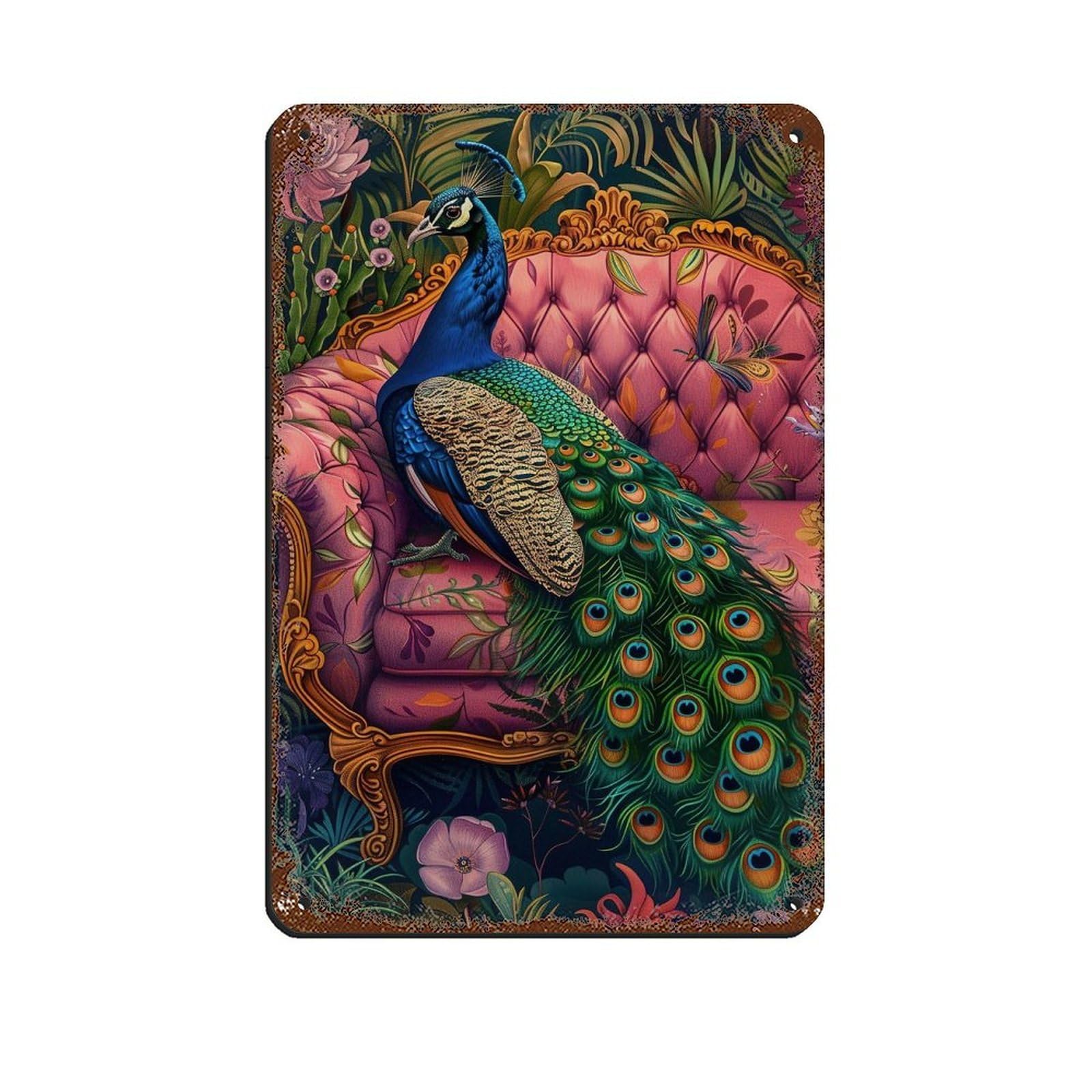 Lxwnze 20L X 30W Cm Tropical Peacock On Sofa Poster Peacock Tin Sign Vintage Metal Pub Club Cafe Bar Home Wall Art Decoration Poster Retro 8X12inch(20X30cm)