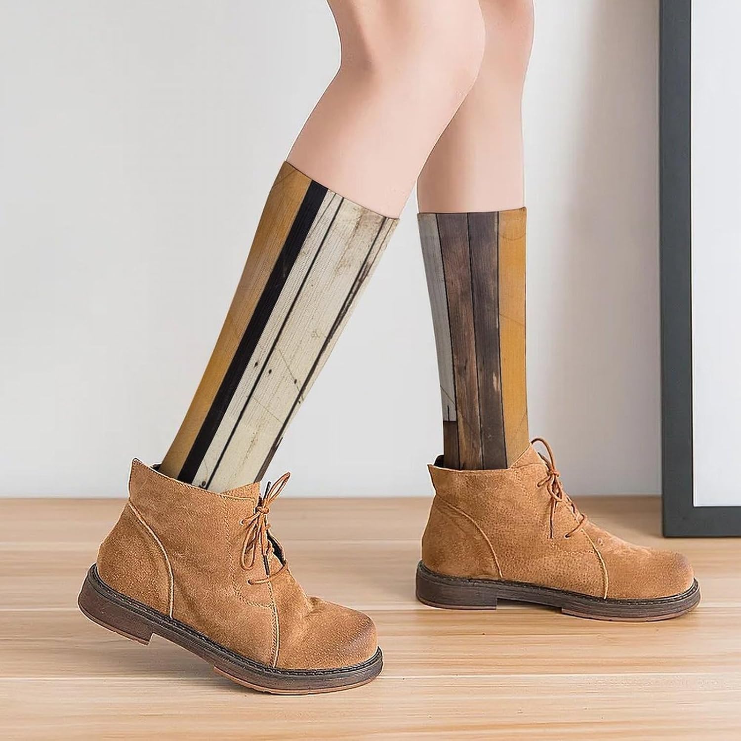 Breathable Crew Sock, Moisture Wicking, Athletic Calf Socks, Cozy | Rustic Wooden Compression Socks for Women Men, Lightweight High Work Socks for Business, Casual