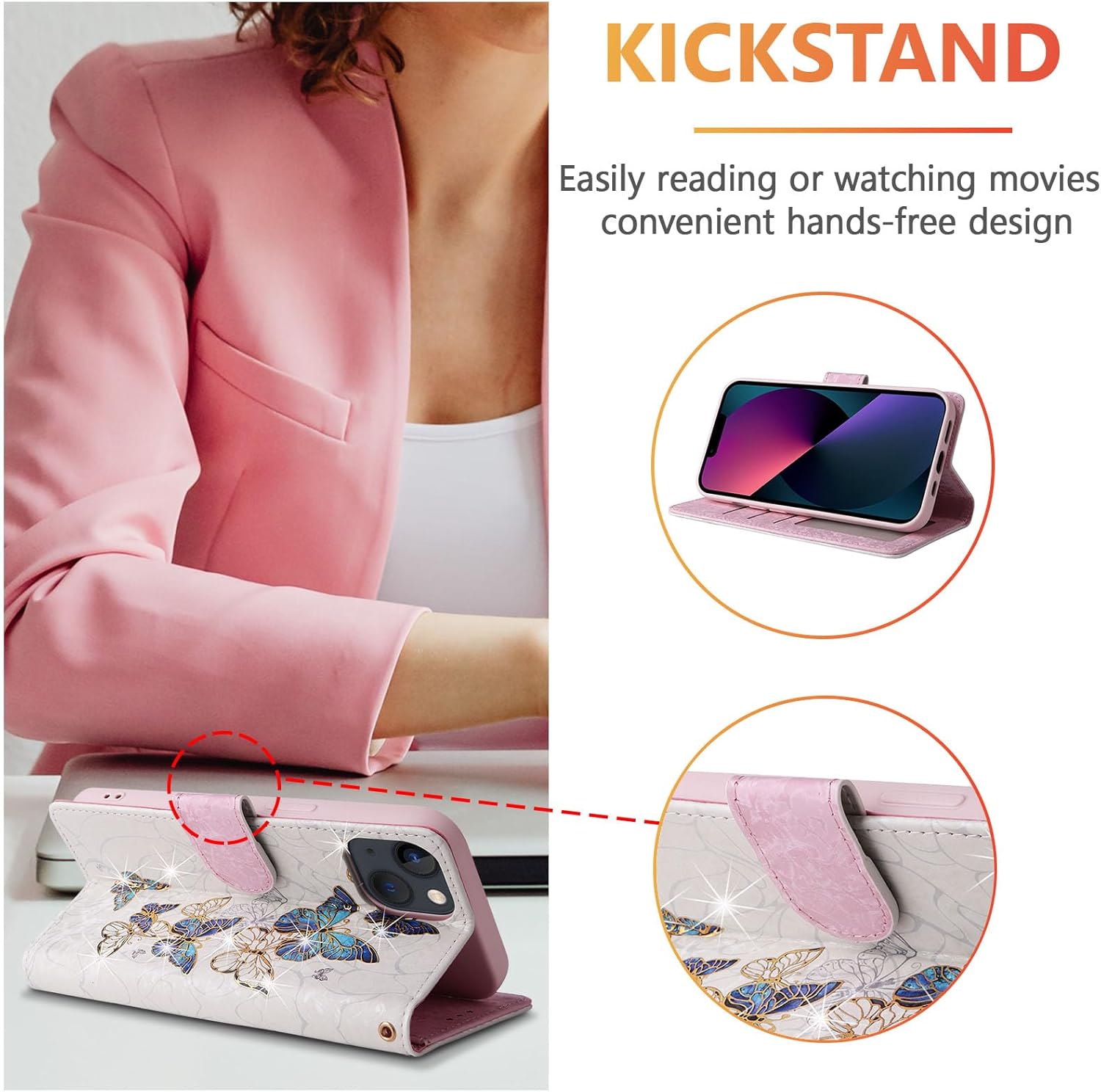 UEEBAI Wallet Case for iPhone 13 6.1 inch, PU Leather Phone Case Kickstand RFID Blocking Flip Case Card Slots Wrist Strap Relief Engraved Pattern Magnetic Closure Flower Folio Case, Blue Butterfly - Image 2