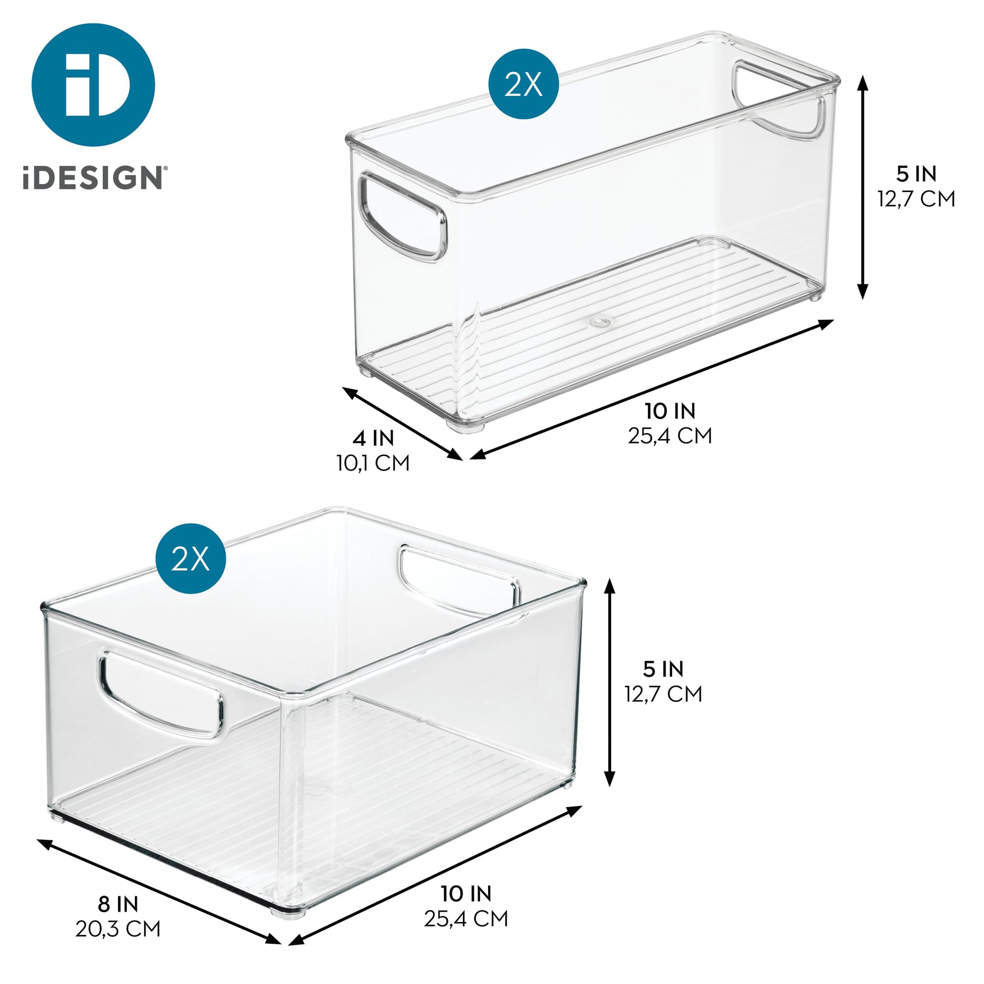 iDesign Juego de 4 organizadores de plástico reciclado al 50% para organizar la despensa y el armario, fabricados en USA; Juego de 4 contenedores en 2 tamaños, transparente