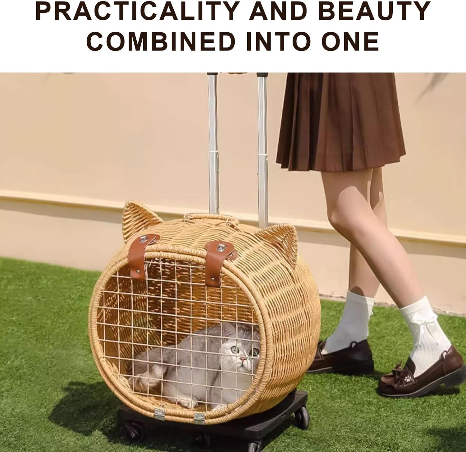 GAMAK Cat Stroller Rattan Retro with Wheels and Telescopic Handle for Large Cats 25 Lbs, Cat Rolling Carriers for Traveling/Taking a Walk/Trips to The Vet (Color : A)