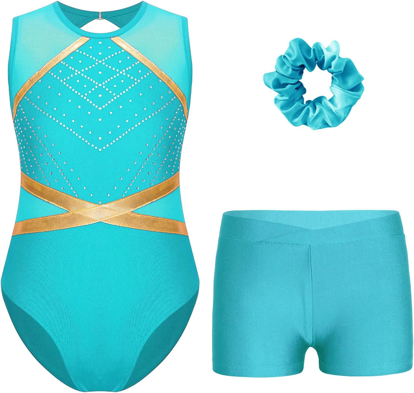 Jhaoyu Kids Girls Sleeveless Gymnastics Leotard with Tumbling Shorts & Hairband Metallic Ballet Dancewear