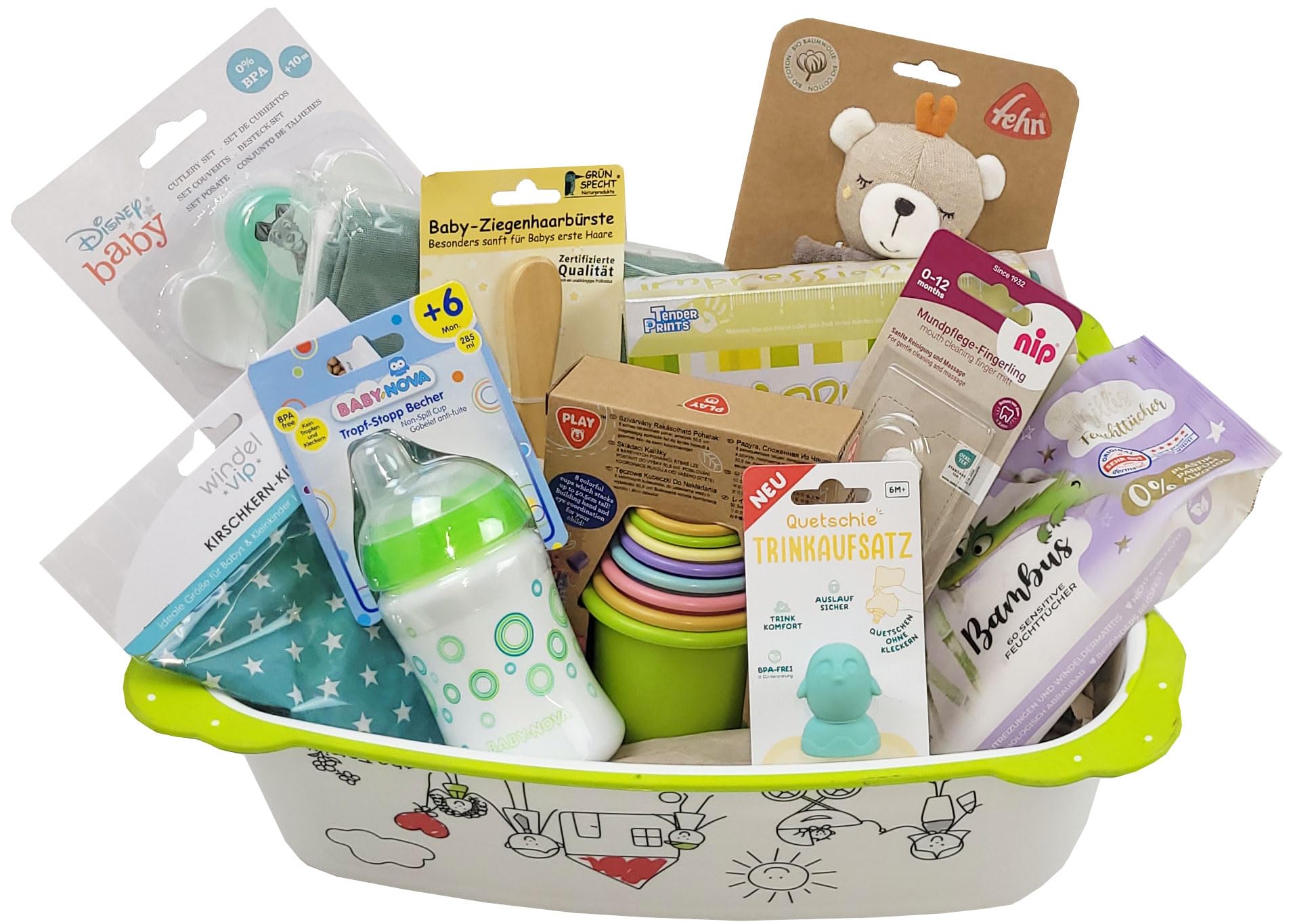 VIP Geschenk zur Geburt Geschenkkorb Taufgeschenk im Trittschemel (Grün - Unisex)