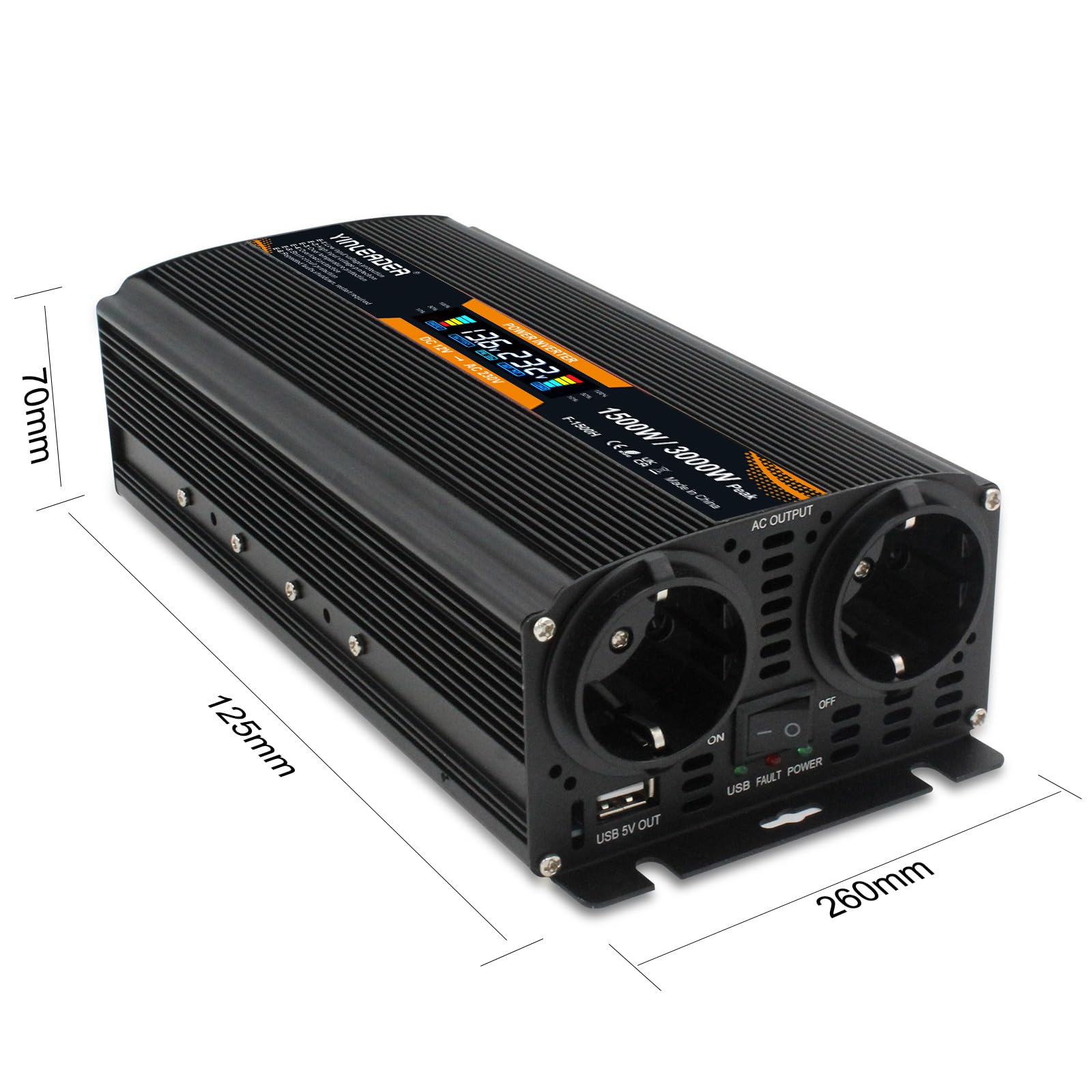 Inversor de corriente LCD de 12 V, 230 V, 1500 W/3000 W, inversor de corriente con 2 enchufes y 1 USB
