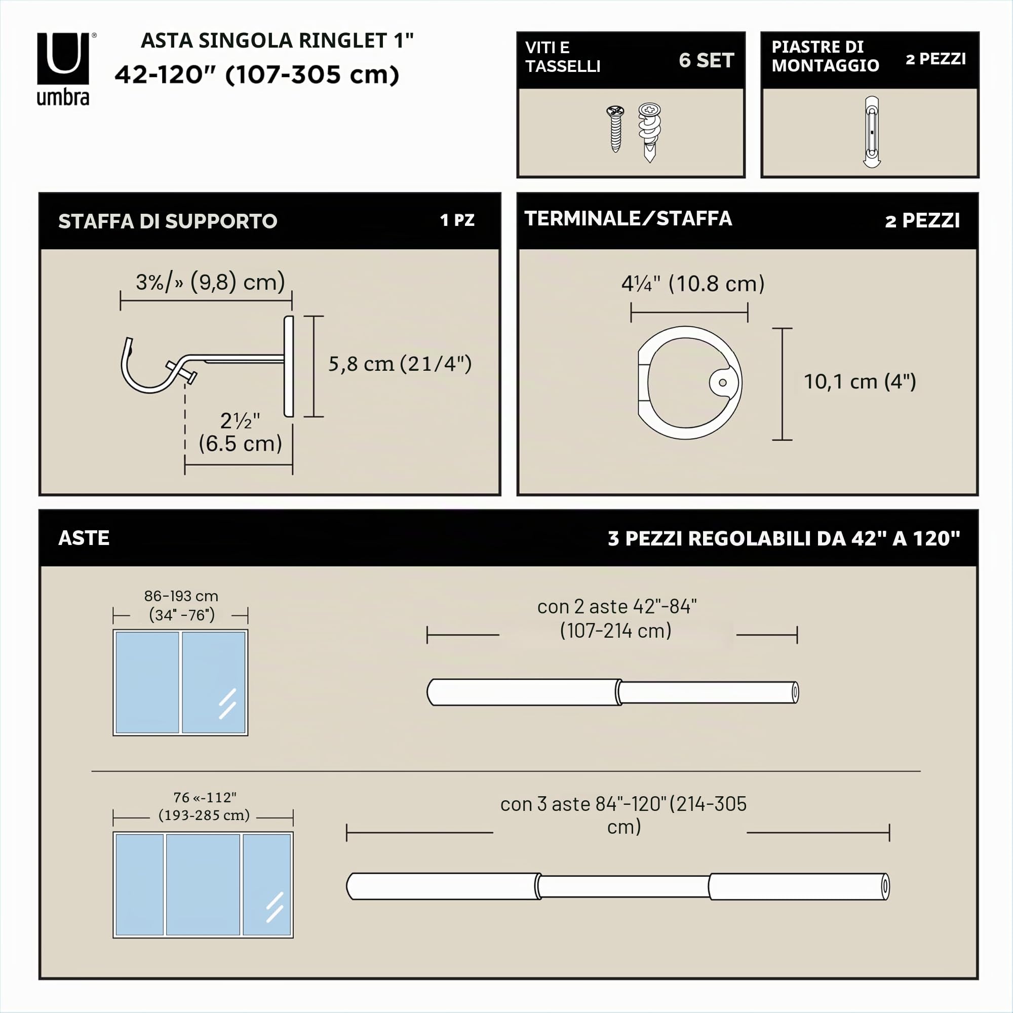Umbra Ringlet Bastone per Tende Estensibile, 2,5 cm, 107 – 305 cm, 2 Punte, staffe da Parete e Materiale di Fissaggio Inclusi, Lega di Acciaio, Noir Mat, 2.5 cm