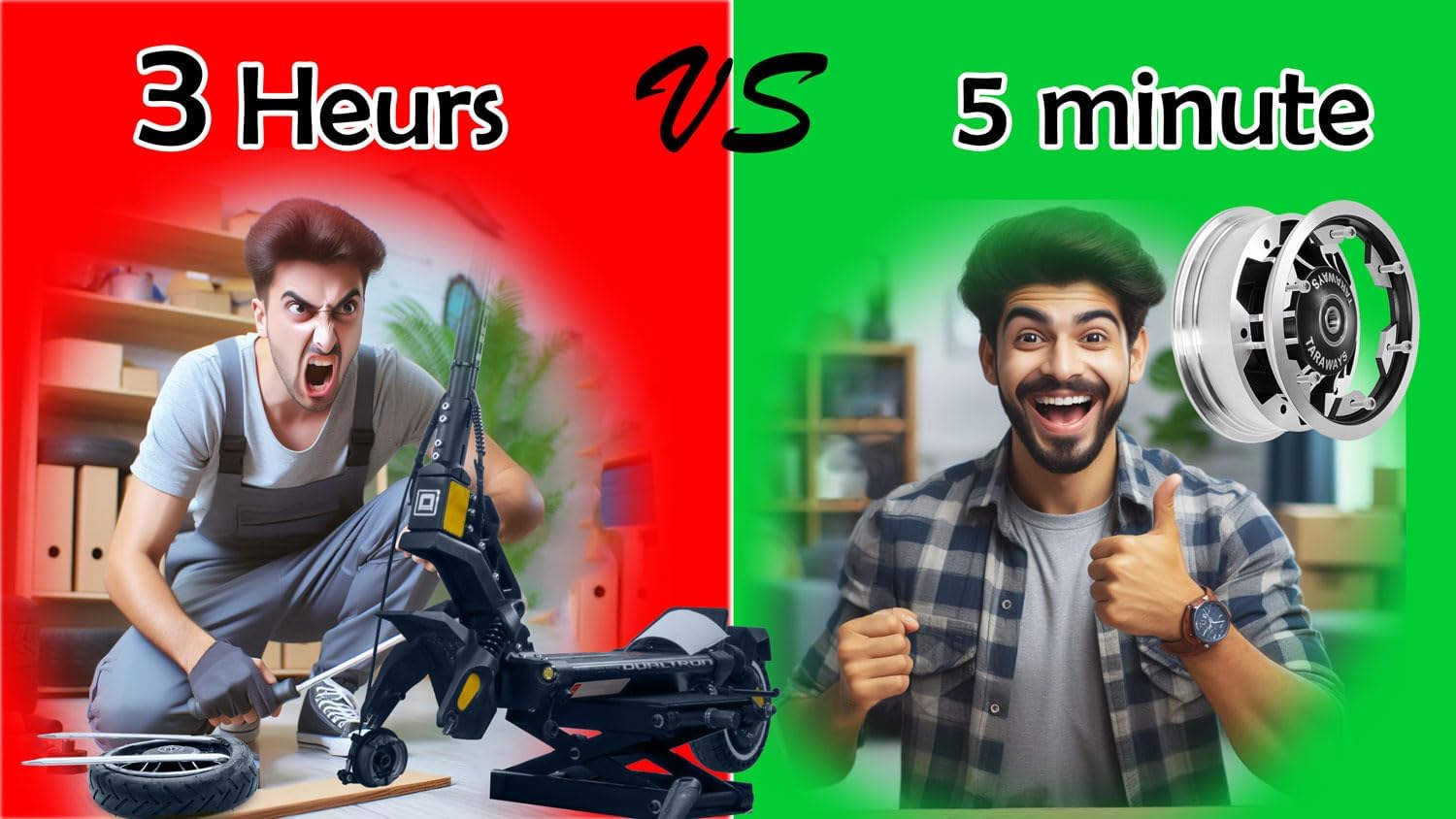 Comparison image showing a person struggling with a traditional tire change versus a person easily changing a tire with the new rim