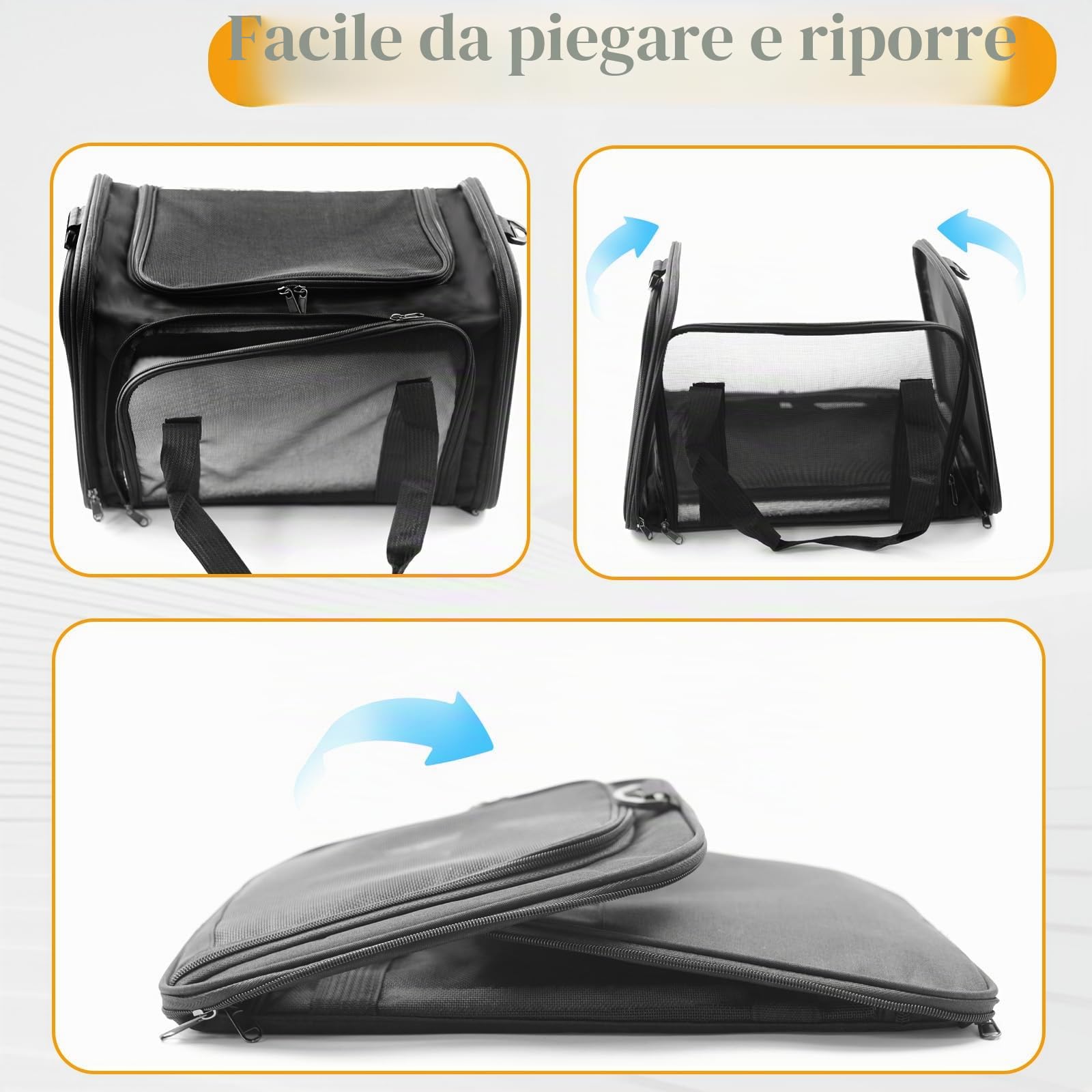 SI SEN Trasportino gatti, 45 x 30 x 30 cm, trasportino gatti con griglia a tre lati, pieghevole, adatto per gatti e cani sotto i 6 kg, M - grigio