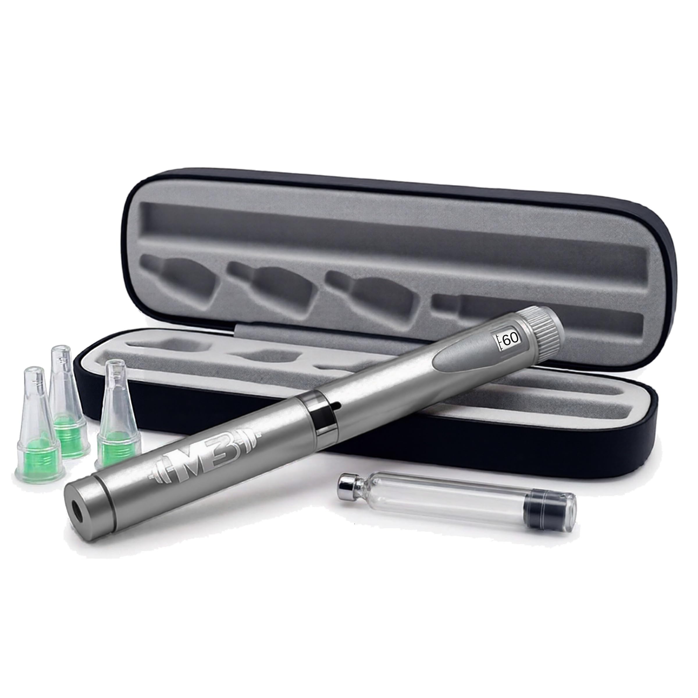 M3Gear Metal Reusable Peptide Pen Kit – 60-Unit Precision Dial, 3 mL Glass Cartridge, 3 Pen Tips & Hard Case – 6 Piece Kit (Silver)