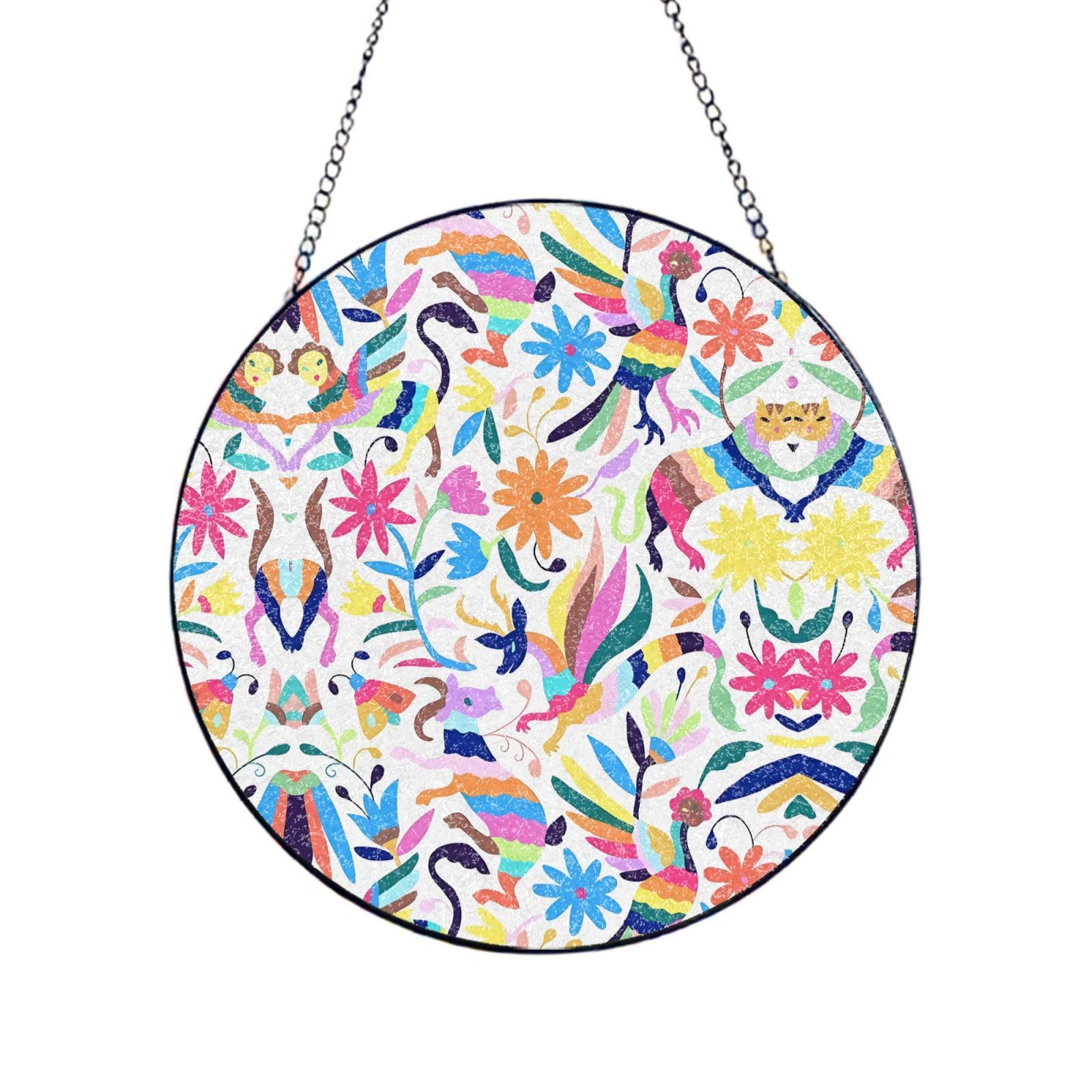 Phayah Mexican Otomi Animals Print Stained Glass Window Hanging Suncatcher For Door Terrace Garden Home Decor Sun Catcher Birthday Gifts For Lovers Dad Mom 10in（25cm）