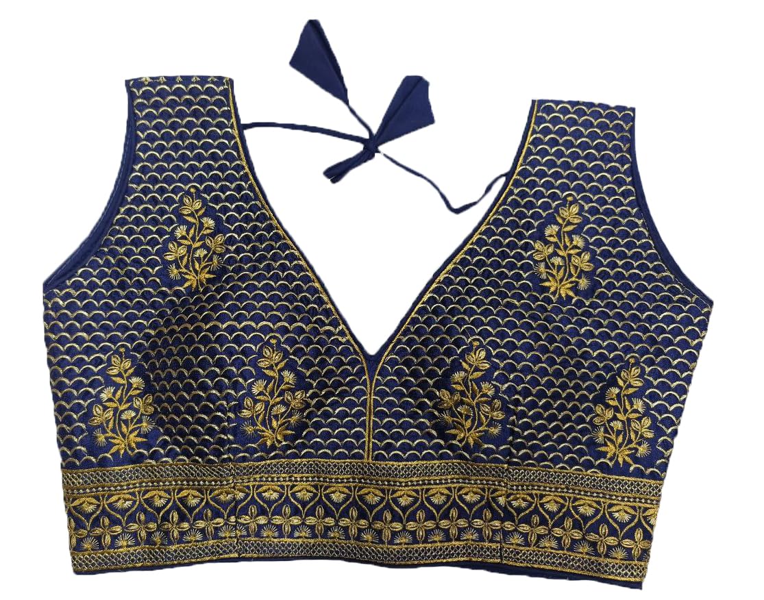 Pujia Mills Women's Sequin Embroidered V Neck Sleeveless Readymade Saree Blouse Indian Ethnic Designer Stitched Women's Readymade Saree Blouse Sleeveless Blouse Readymade Navy Blue Blouse For Women