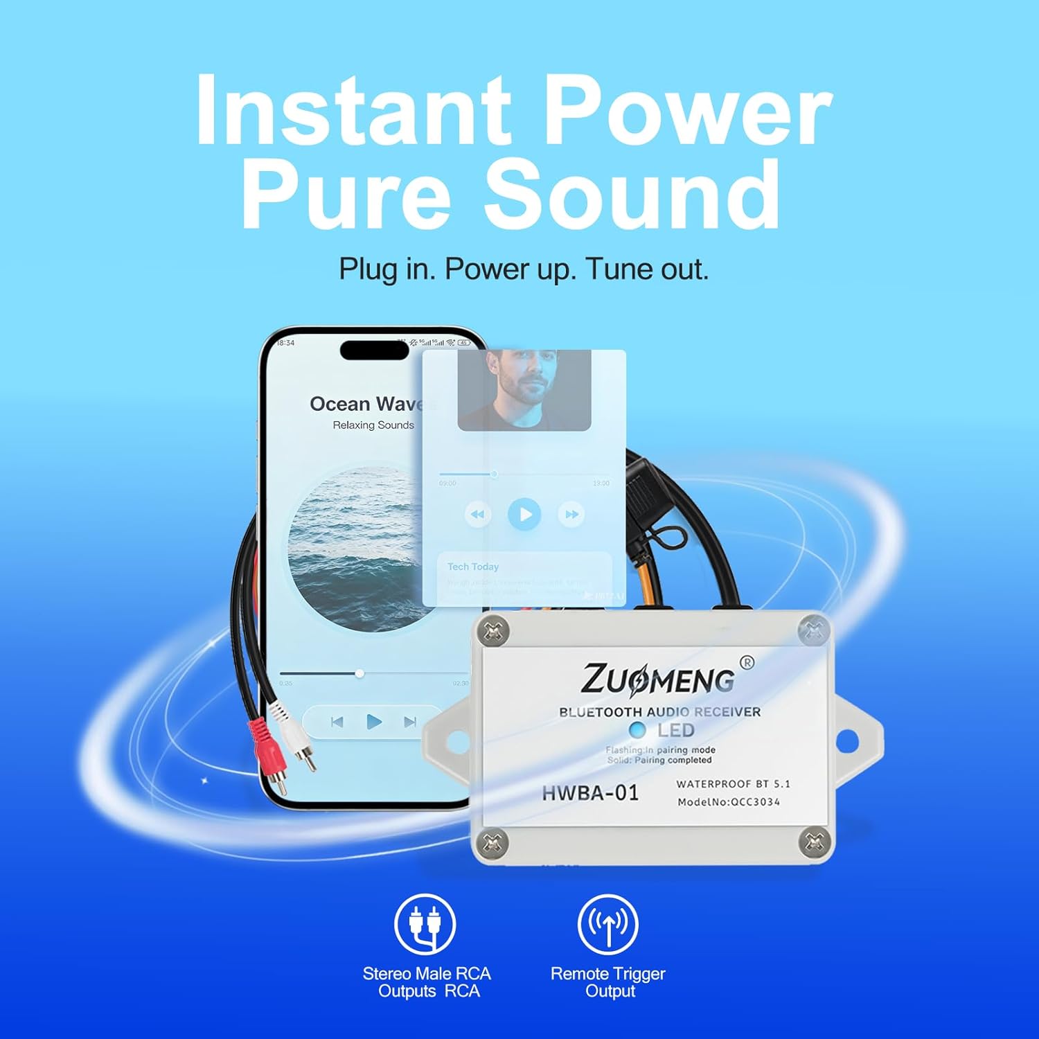 Bluetooth 5.1 Audio Receiver, Marine Wireless RCA Stereo Output for Boats ATVs UTVs Golf Cart Car Home Audio System, Remote Trigger, Outdoor Mobile Audio Upgrade