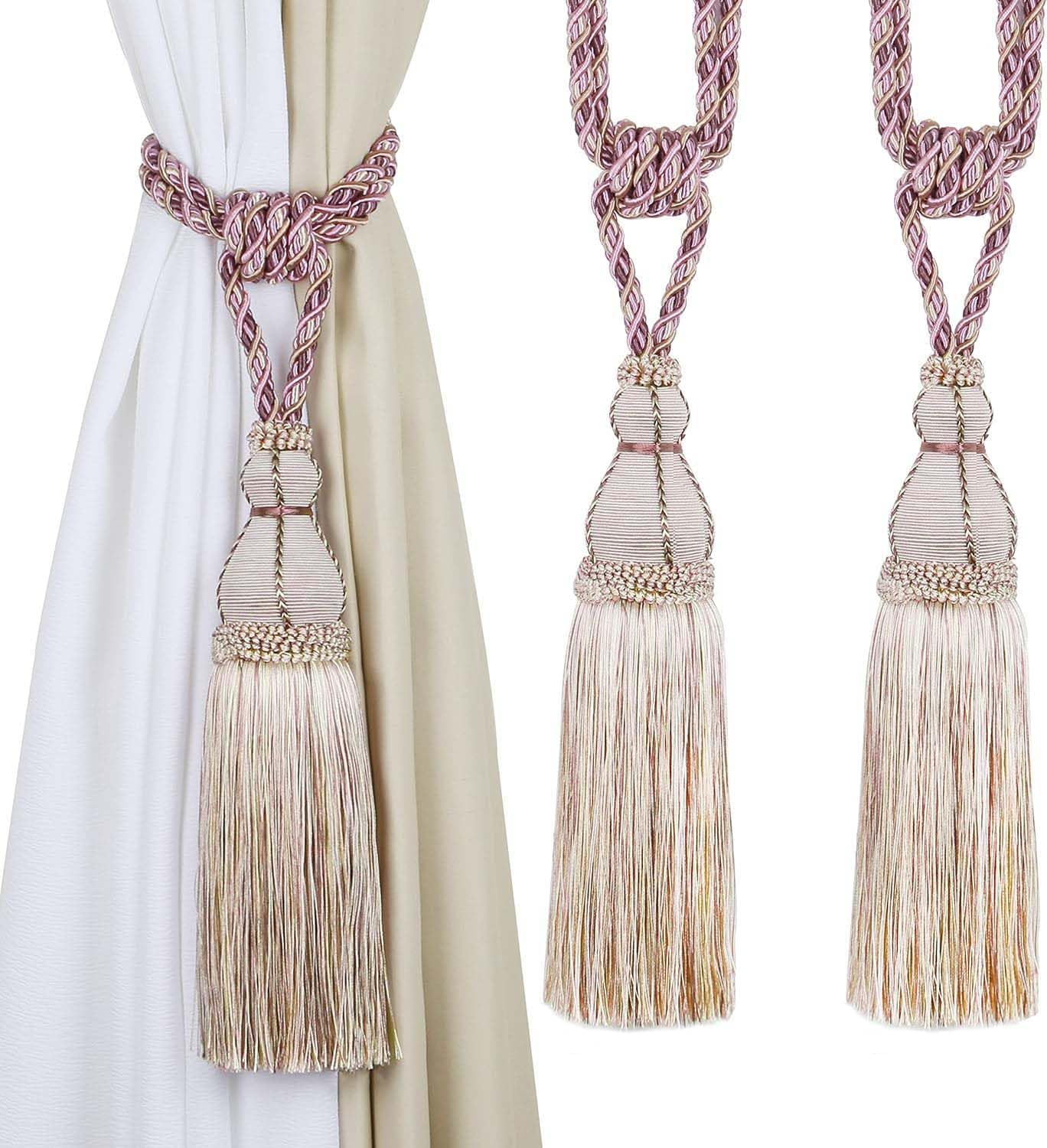 BEL AVENIR 2 Pack Tassel Curtain Tiebacks Holdback Large Handmade Drapery Tie-Backs Rope Home Office Hotel Elegant Decorative (Pink with Purple)