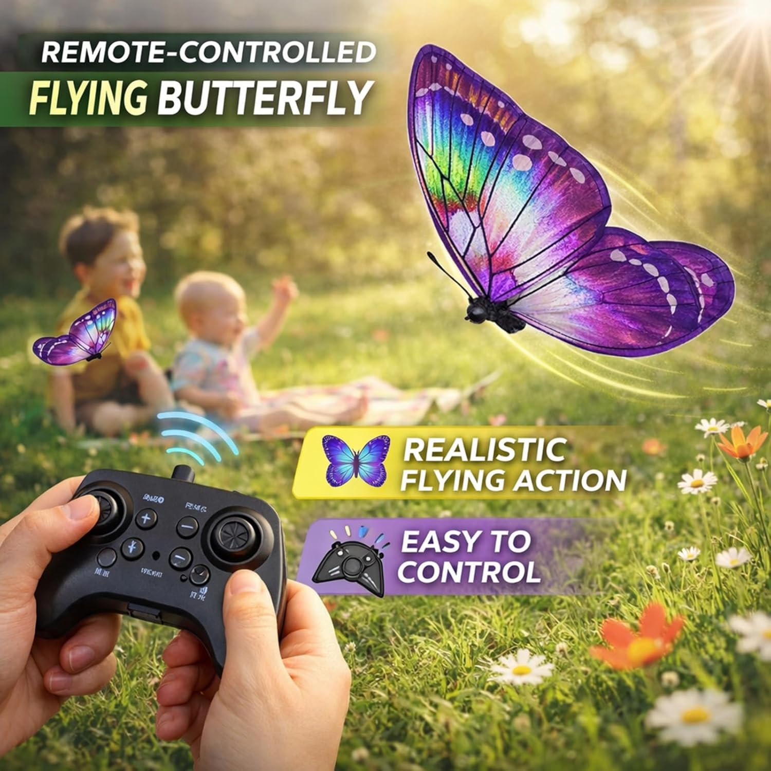 Bionic Butterfly - Sensor Assisted Ornithopter Drone Easy to Fly LED Lighting 3 Batteries & 4-Axis Gyro Stabilizer Next-gen Flapping Wings for Pilots & Beginners