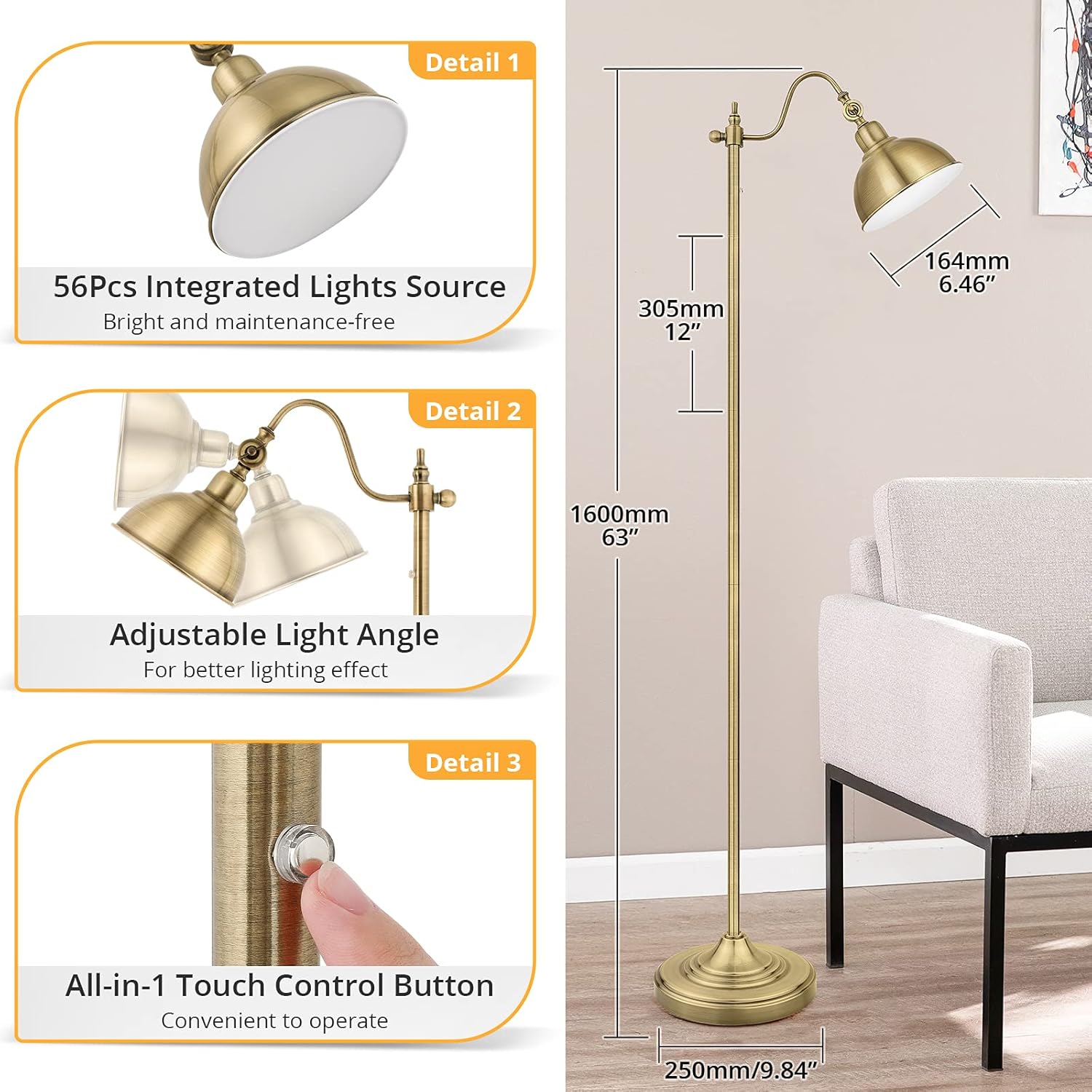 3-Color in 1 LED Pharmacy Floor Lamp 63" H, Fully Dimmable Eye-Caring 15W/1500LM Bright Reading Lamp, Adjustable Head Free Standing Tall Pole Lamp for Living Rooms Bedrooms Farmhouse - Antique Brass - - 