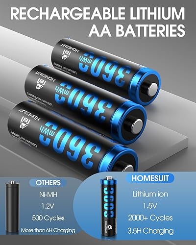 Miniatura 5 de Homesuit Baterías recargables AA de litio con cargador, paquete de 8 baterías de litio de 1.5 voltios de alta capacidad de 3600 mWh, recargables AA,